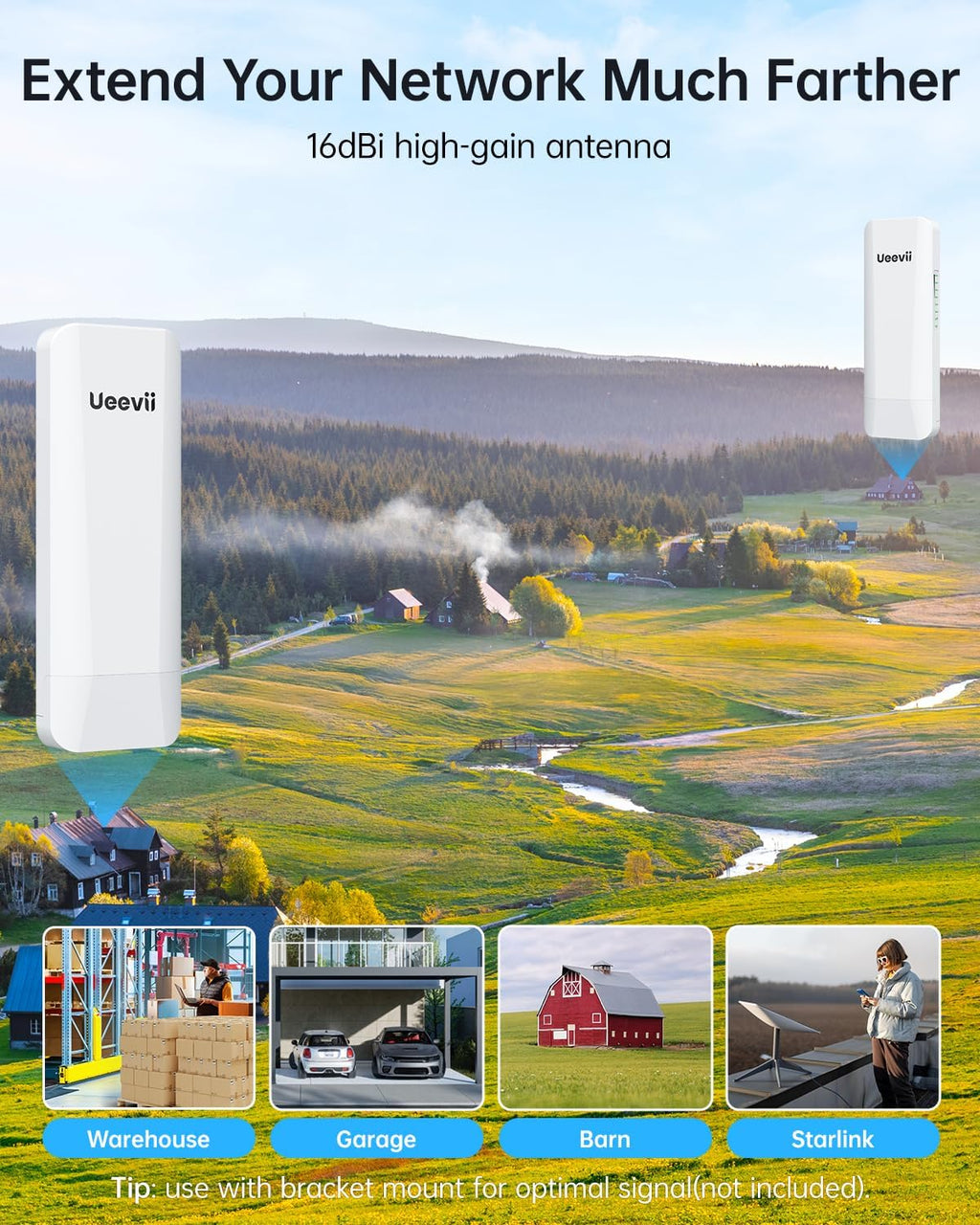 Wireless Bridge Point to Point Outdoor: Ueevii 5.8GHz Dual 100Mbps WiFi Bridge, 2KM Range CPE for Network Extend, PoE Adapter, IP65 Weatherproof, CPE453 for Starlink Garage Barn Shop