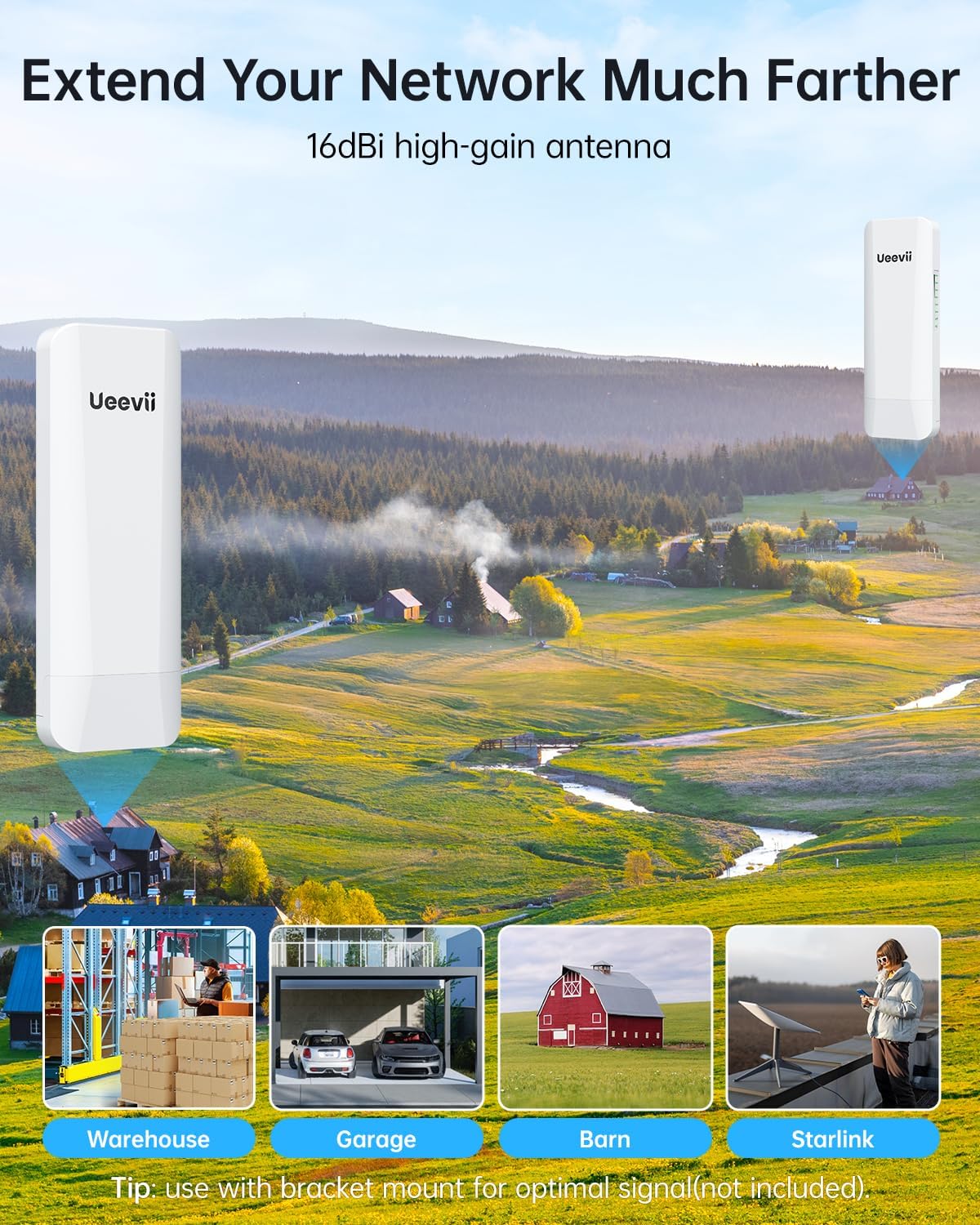 Wireless Bridge Point to Point Outdoor: Ueevii 5.8GHz Dual 100Mbps WiFi Bridge, 2KM Range CPE for Network Extend, PoE Adapter, IP65 Weatherproof, CPE453 for Starlink Garage Barn Shop