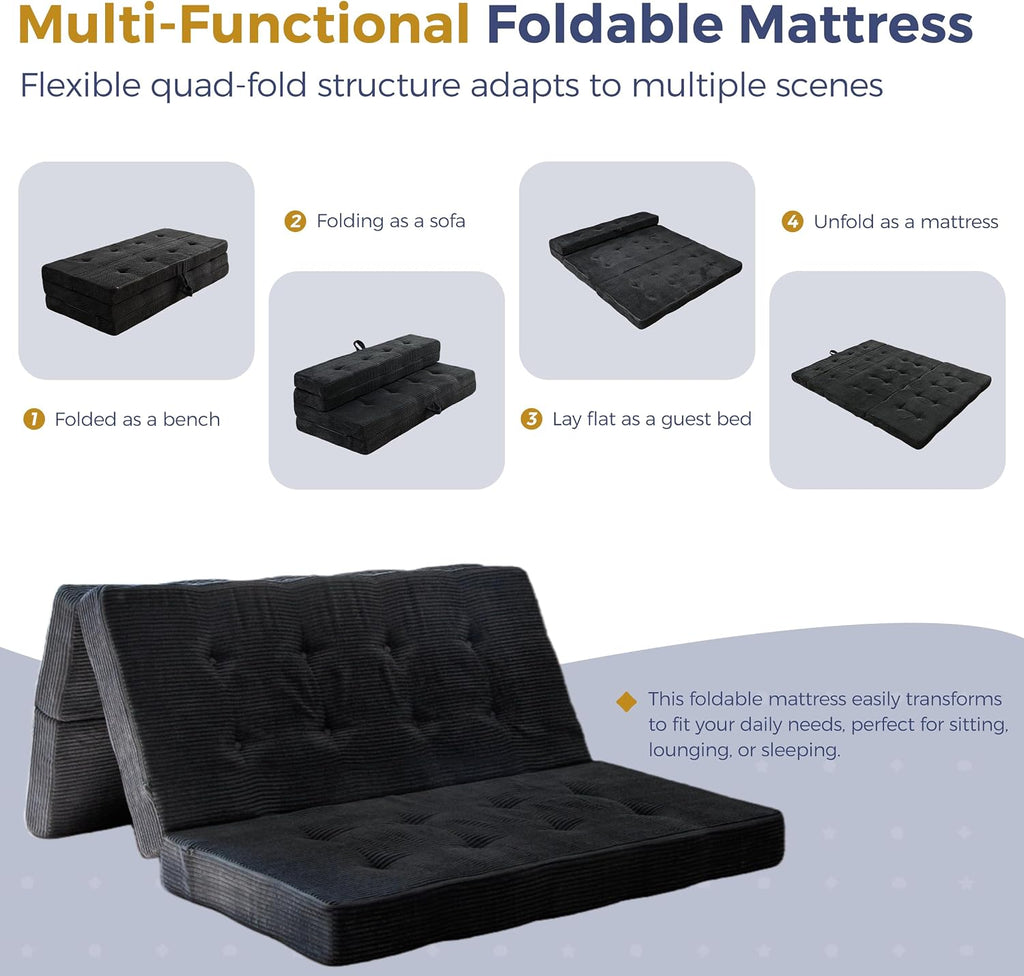 MAXYOYO Foldable Sofa Couch Bed, 4 Inch Tufted Folding Mattress, Portable Floor Couch with Handles Guest Bed Topper Portable Camping Mat with Corded Fabric, Full Size, Black