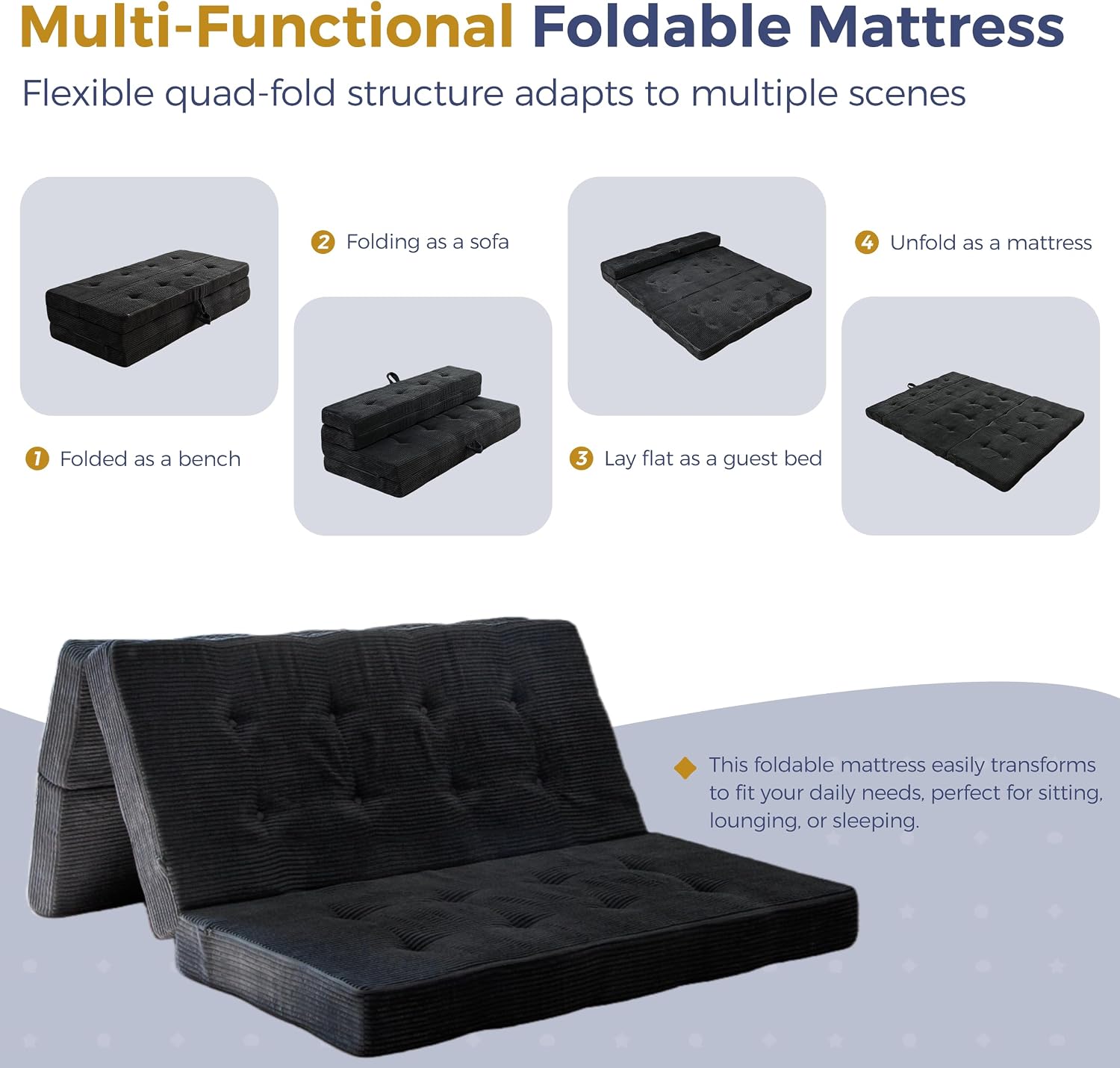 MAXYOYO Foldable Sofa Couch Bed, 4 Inch Tufted Folding Mattress, Portable Floor Couch with Handles Guest Bed Topper Portable Camping Mat with Corded Fabric, Full Size, Black
