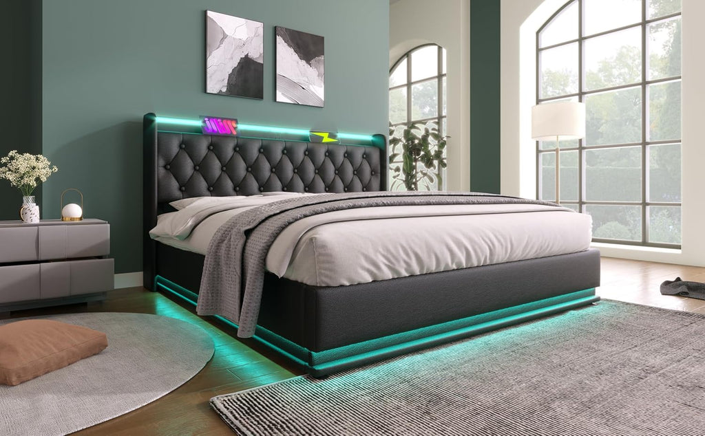 Twin Size Upholstered Bed Frame with 360° LED Lights, Hydraulic Storage, USB Charging, Modern Platform Bed with Headboard, Remote App Control for Teen, Guest Room, Small Space (Black + King)