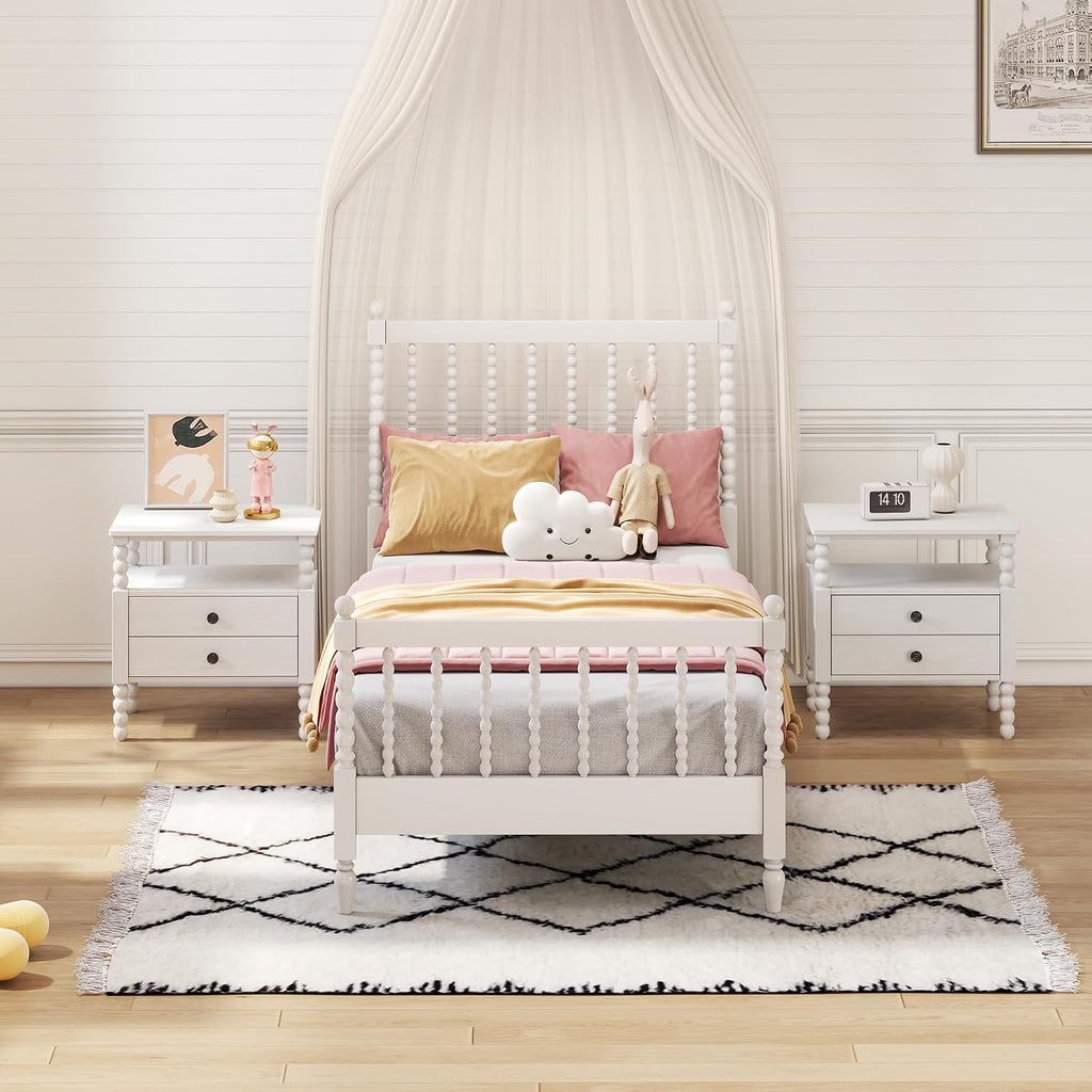 Generic 3 s Bedroom Sets Twin Size Wood Platform Bed with Gourd Shaped Headboard and Footboard with 2 Nightstands,White