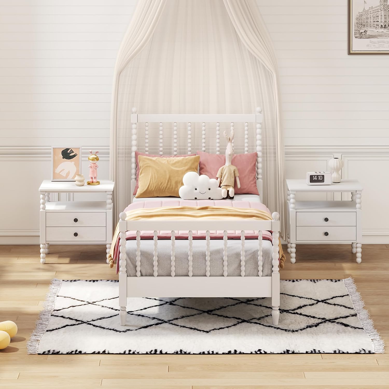 Generic 3 s Bedroom Sets Twin Size Wood Platform Bed with Gourd Shaped Headboard and Footboard with 2 Nightstands,White