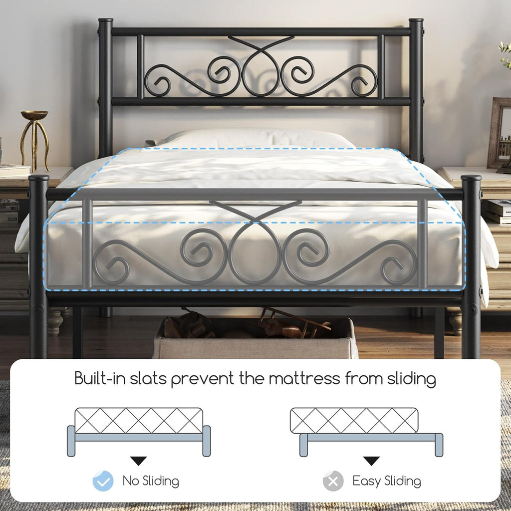 Yaheetech 2 Pcs Classic Metal Platform Bed Frame with Headboard and Footboard Flower Design Mattress Foundation Easy Set Up Structure Twin Size Black