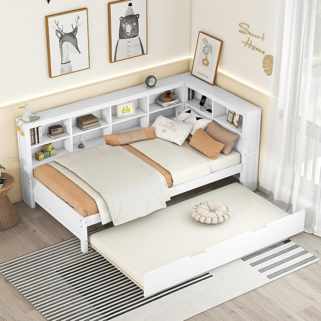 Modern Twin Size Daybed with Trundle, Solid Wood Captain Platform Bed with Storage Cabinets and USB Ports, Low Floor Bed for Kids Teens Adult Bedroom, Easy Assembly (White-XX115)