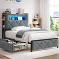 Jocoevol Twin Upholstered LED Bed Frame with 2 Storage Drawers and 2-Tier Storage Bookcase Headboard, Velvet Platform Bed for Kids/Girls/Boys, Corner Bed Frame, Heavy Duty Metal Support, Grey