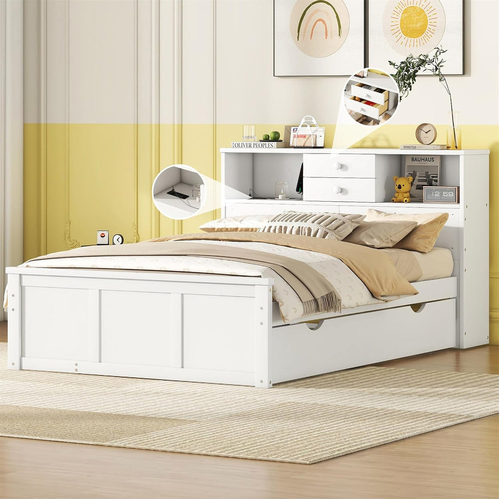 Full Size Wooden Platform Bed Frame with 3 Drawers, Upper Shelves, Twin Size Trundle and a set of USB Ports & Sockets, No Box Spring Needed, Easy to Assemble, Bedroom Furniture, Noise-Free, White