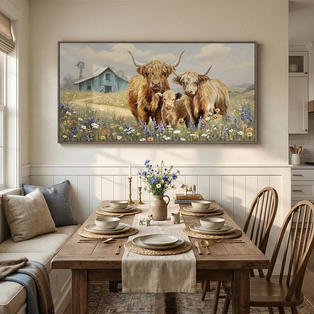 Large Framed Highland Cow Wall Art for Living Room, Vintage Neutral Farmhouse Canvas Prints, Rustic Country Barn Wall Decor for Bedroom Dining Room Hallway 30x60 Inch