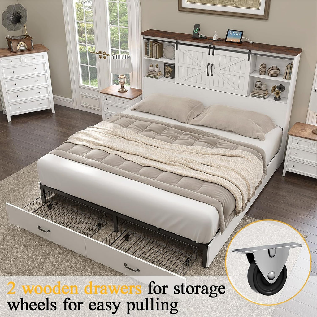 HOWE Farmhouse Full Size Bed Frame with 51.2' Bookcase Headboard, Wooden Platform Bed with 2 Drawers, Sliding Barn Door Dec, Storage Bed with Charging Station, No Box Spring Needed, White