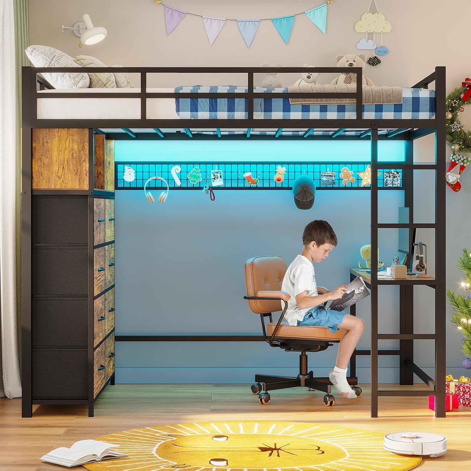 ADORNEVE Twin Size Loft Bed with Desk and 8 Storage Drawers, Metal Kids Loft Bed Twin with LED Lights & Charging Sation, Storage Shelves, 13.1' H Safety Guard & Ladder, Rustic Brown