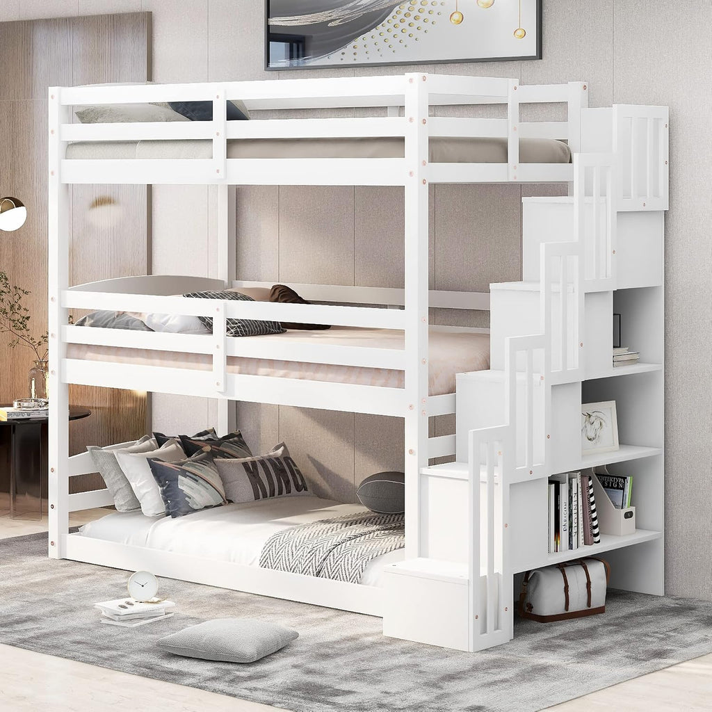 Triple Bunk Bed, Detachable Triple Twin Bunk Bed, 3 Bunk Bed with Storage Staircase, Guardrails, Twin Over Twin Over Twin for Kids, White