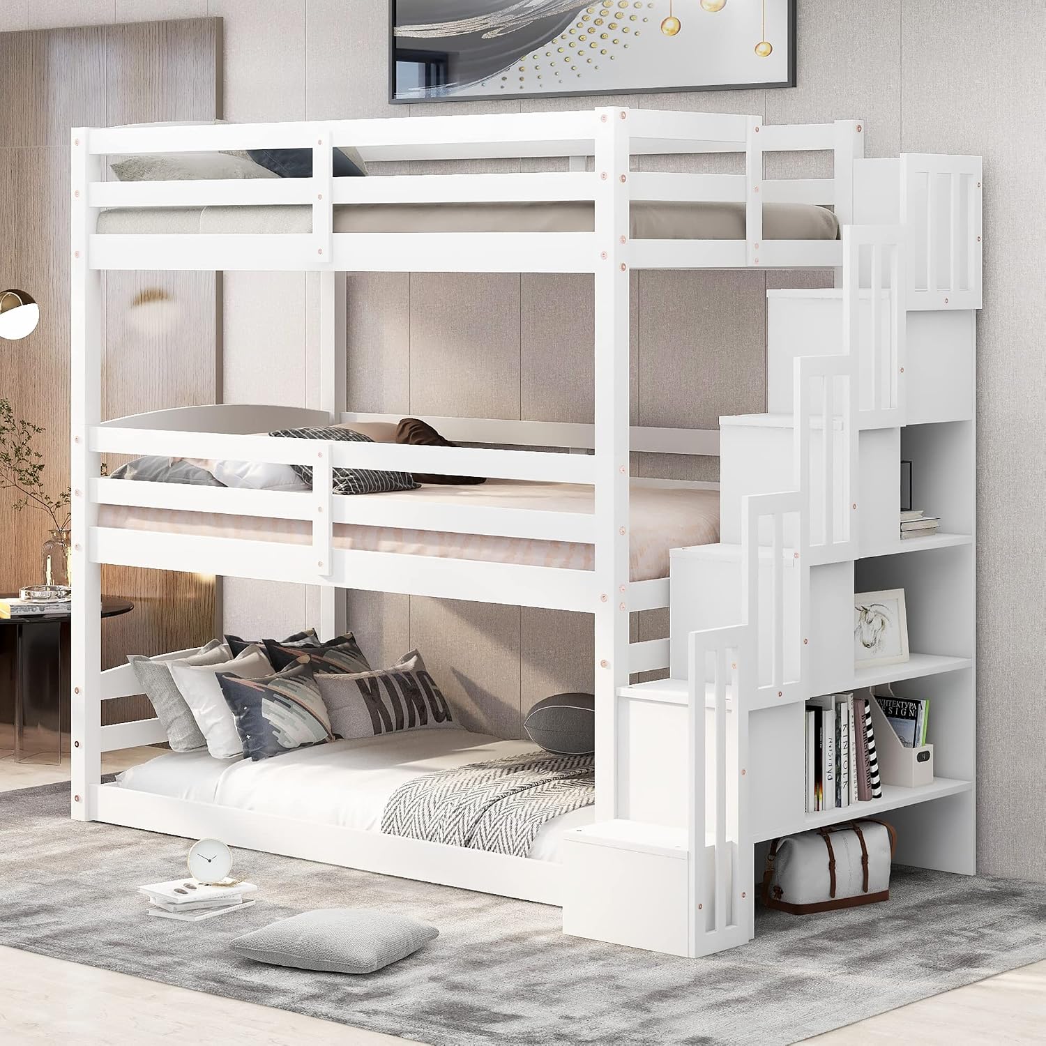 Triple Bunk Bed, Detachable Triple Twin Bunk Bed, 3 Bunk Bed with Storage Staircase, Guardrails, Twin Over Twin Over Twin for Kids, White