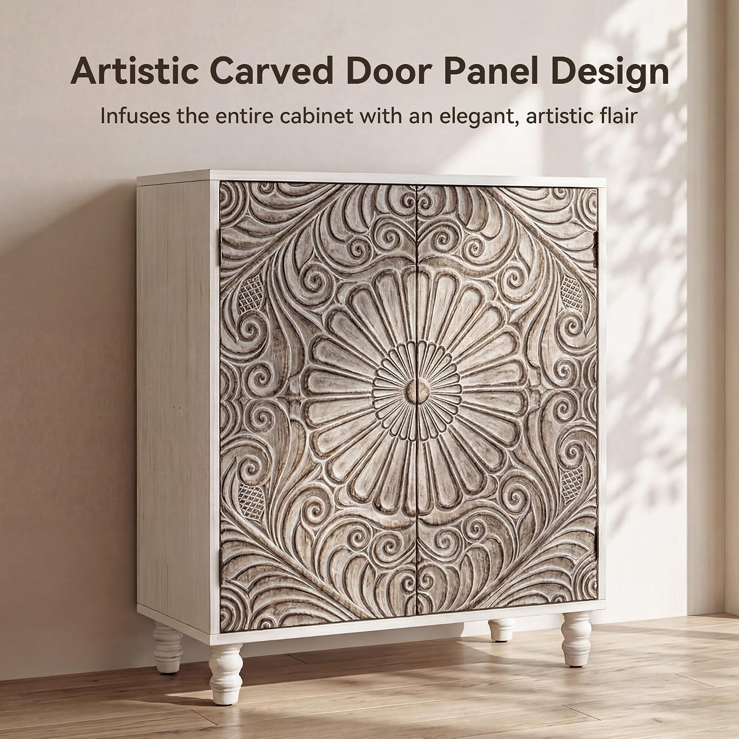 COSIEST Set of 3 32' Buffet Sideboard Cabinets with Storage, Accent Cabinet with Push-to-Open Doors, Vintage Flower Carved Pinewood Doors, Entryway Console for Living Room, Kitchen, Hallway, Gray