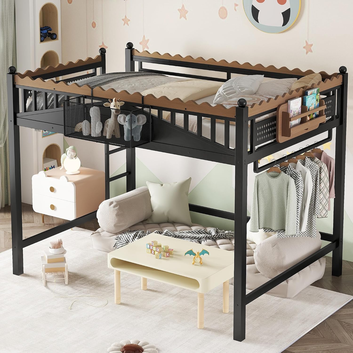 JIVOIT Metal Loft Bed with Built-in Storage Shelves and Bookshelf, Full Size Metal Loft Bed with Safe Ladder & Guardrail, Space-Saving Loft Bed, No Box Spring Needed and Chic Design