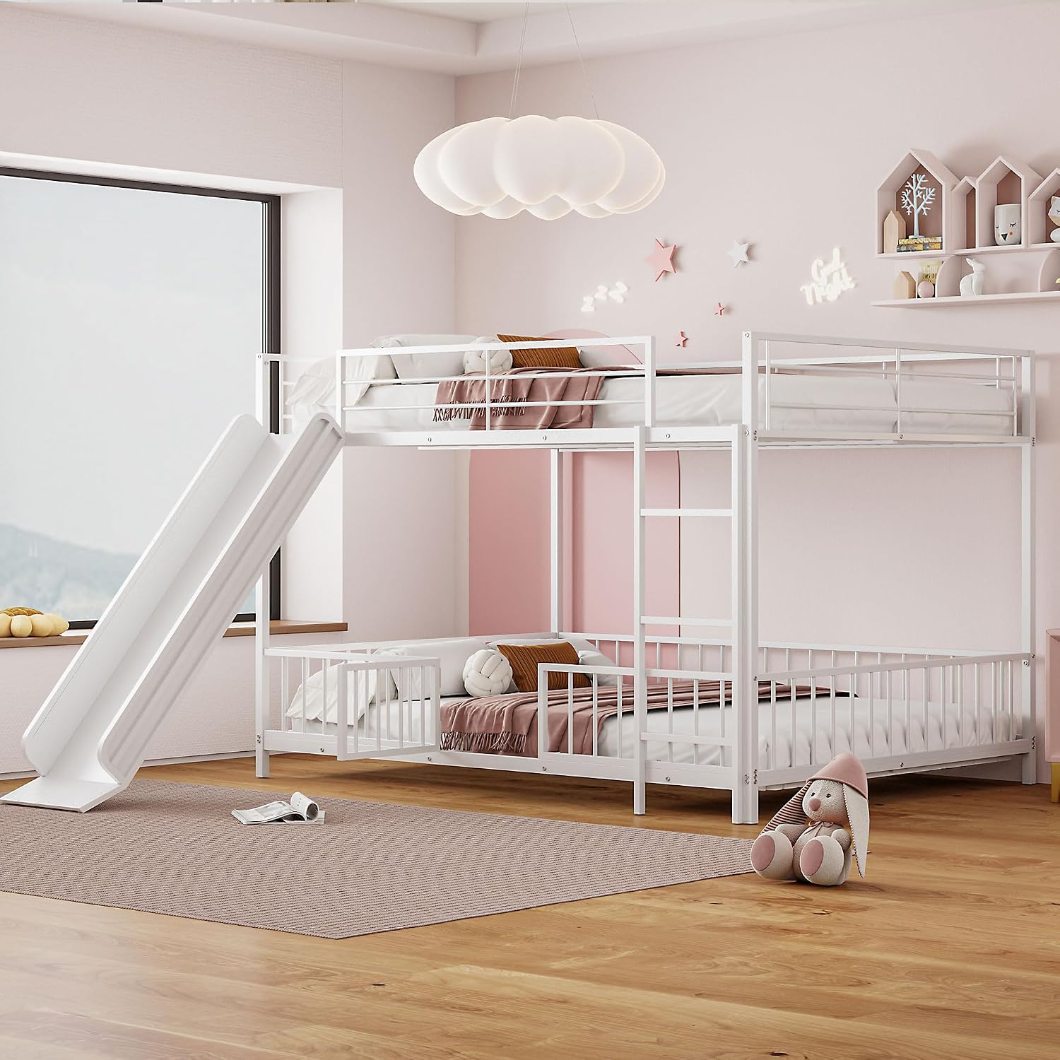 JIVOIT Metal Bunk Bed Frame with Slide and Ladder, Full Over Full Bunk Bed Size with Metal Slats Support, Full-Length Guardrail, Heavy Duty Metal Low Bunk Bed, No Box Spring Needed (White,Full,09)