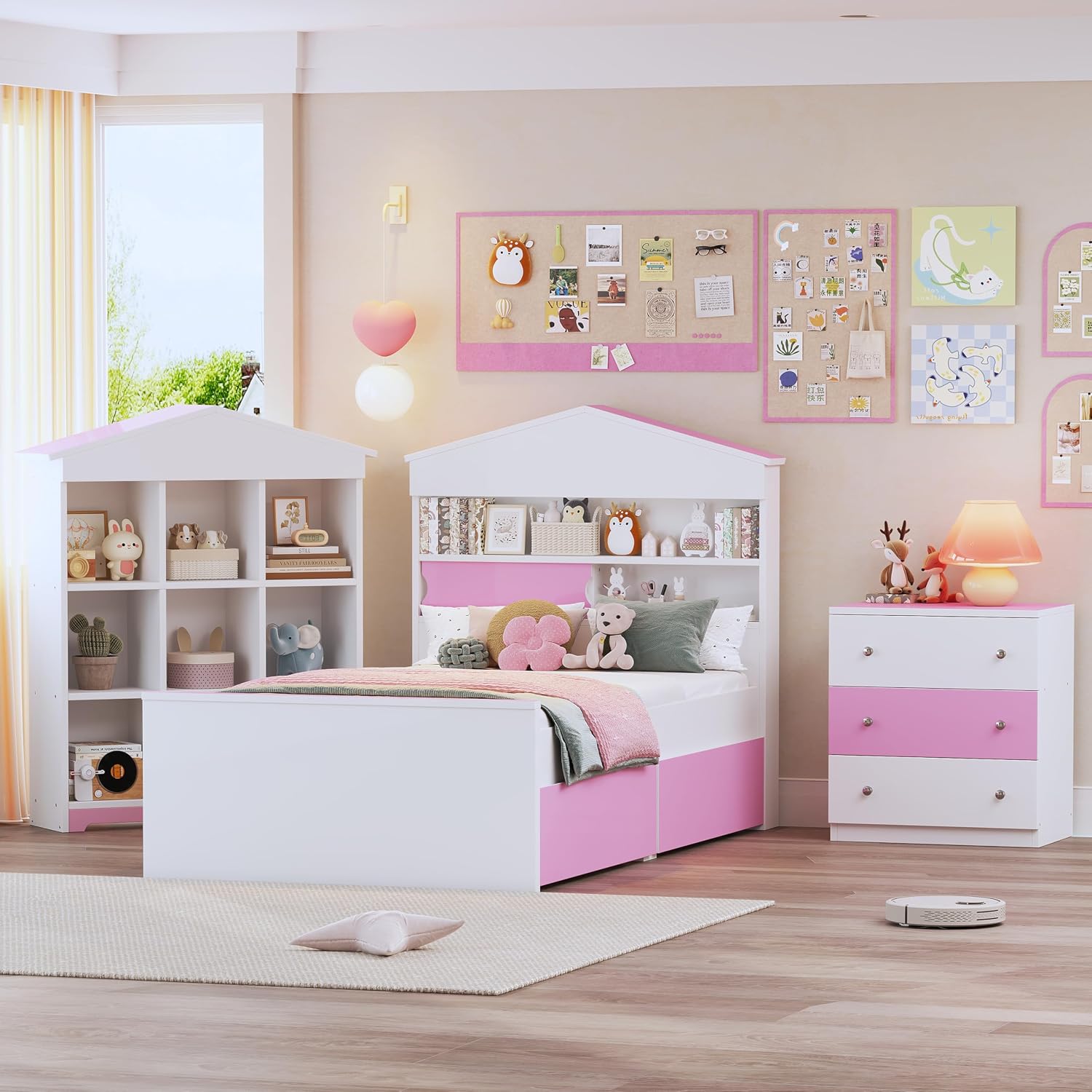 3 Pcs Bedroom Sets, Twin Size House Shaped Wooden Bed with Storage Drawers, Nightstand with Colorblock Design and House Shaped Stroage Rack, Pink+White