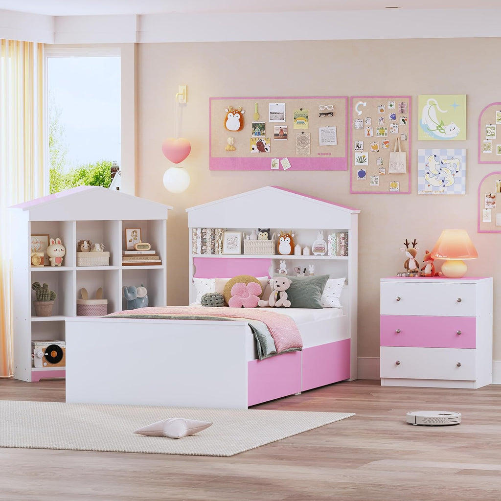 3 Pcs Bedroom Sets, Twin Size House Shaped Wooden Bed with Storage Drawers, Nightstand with Colorblock Design and House Shaped Stroage Rack, Pink+White