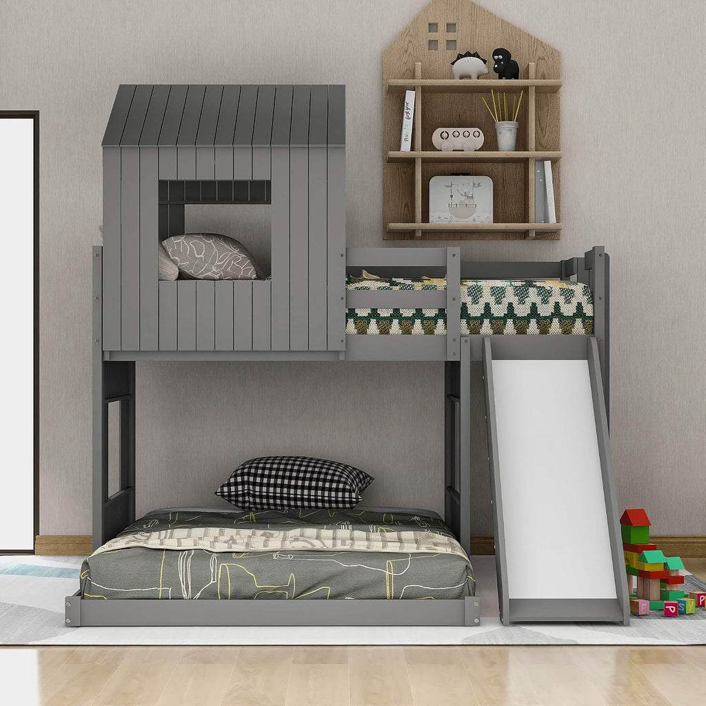 Twin Over Full Bunk Beds with Slide for Kids Toddlers, Play Farm House Roof Window Guardrail Ladder, for Girls Boys, No Spring Box Required (Gray-Slide-Twin-Full)