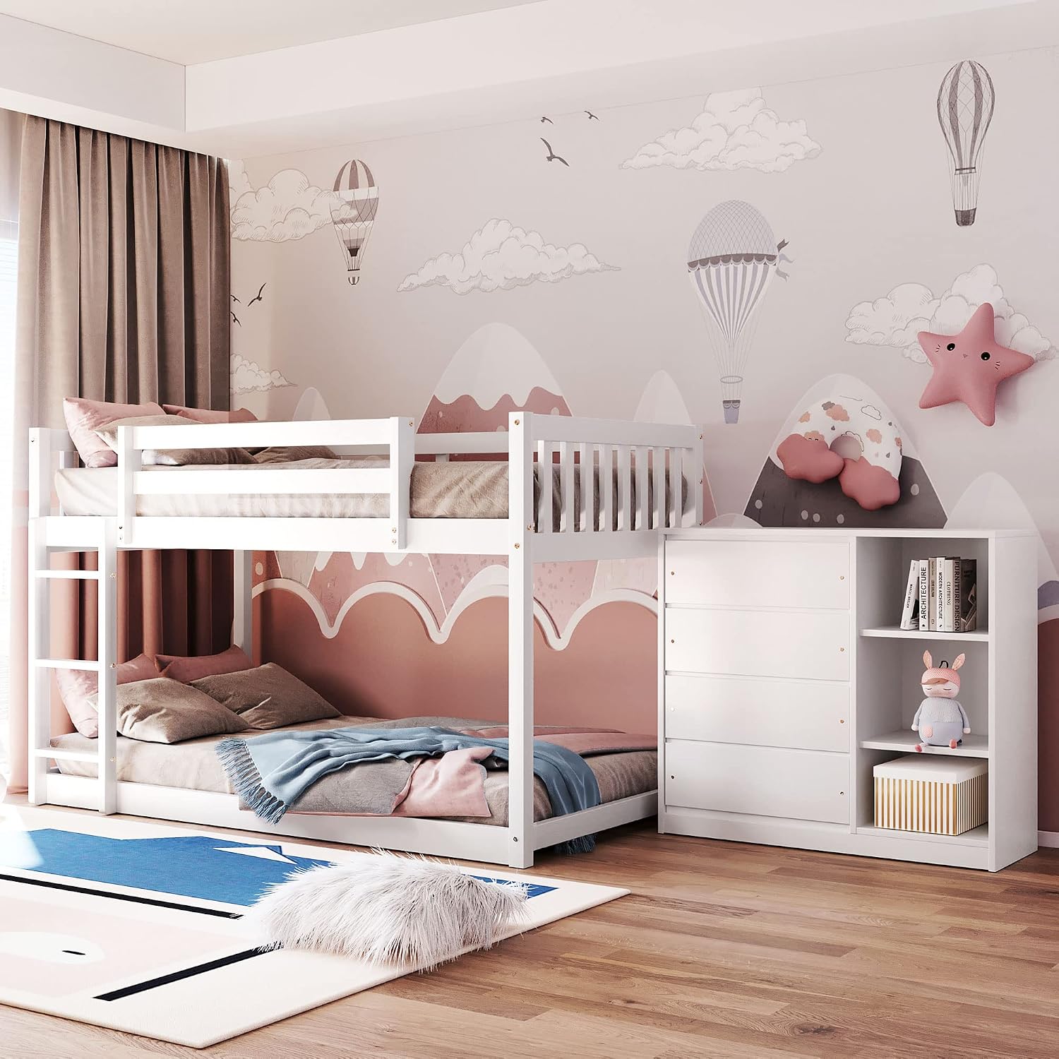 Twin-Over-Twin Size Bunk Bed, Bedroom Furniture Pine Wood Bed Frame with Storage Drawers and Open Shelves, Drawers and Shelves Set Can Be Moved, for Kids & Teens (White)