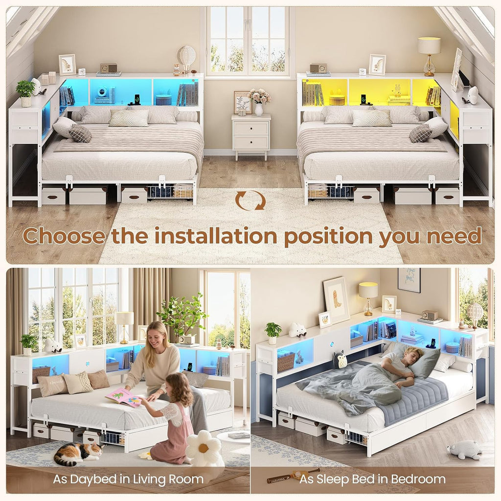 Hasuit Corner Full Bed Frame with Storage Drawers and Bookcase Headboard, Full Size Metal Platform Corner Bed Frame with Charging Station and LED Lights, Full Daybed for Kids Teens Guests, White