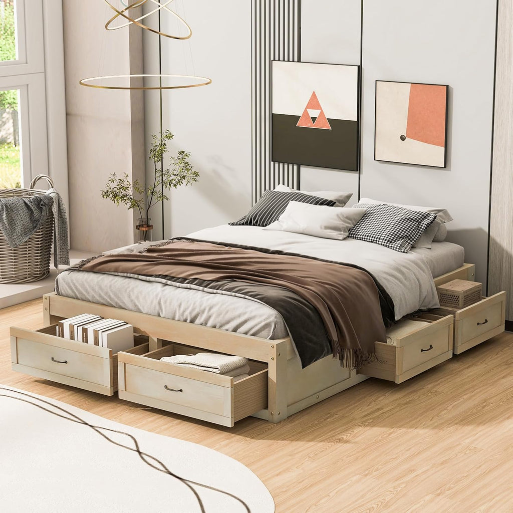 Queen Size Wooden Platform Bed with 6 Storage Drawers, No Box Spring Needed (Antique Natural, Queen)