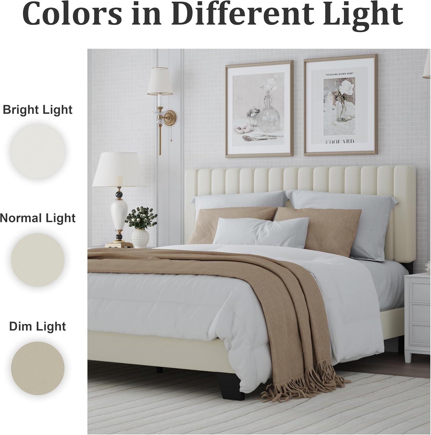 Queen Bed Frame, Velvet Upholstered Platform Bed Frame with Adjustable Headboard, Vertical Quilted Design, Sturdy Slatted Mattress Base, Easy to Assemble, White