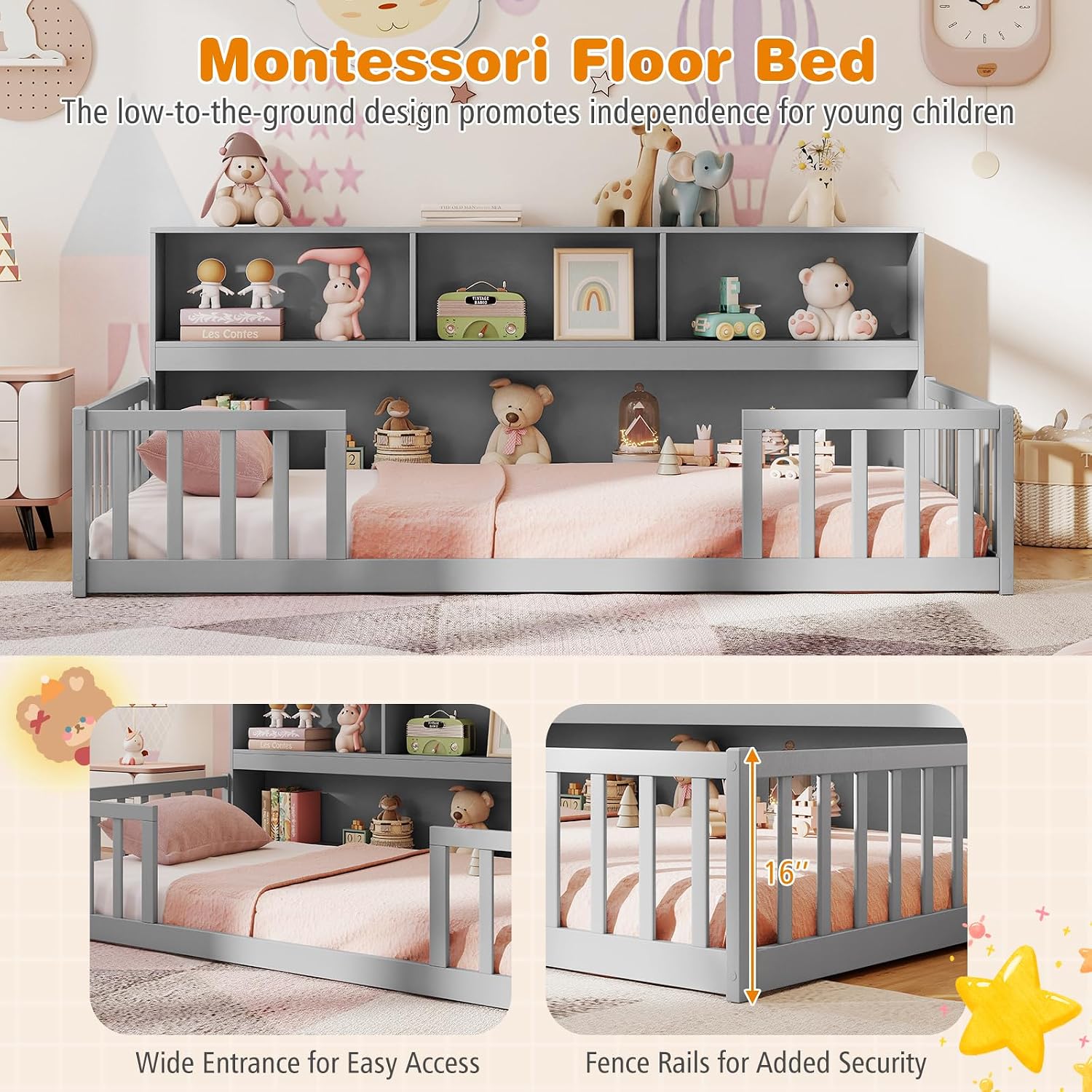 BECOMFORT Twin Floor Bed for Kids, 2-in-1 Kids Twin Floor Bed Frame with Bedside Bookcase & Safety Guardrails, Montessori Bed for Boys Girls