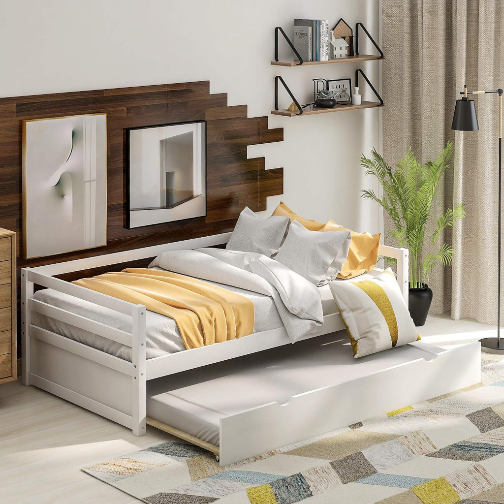 Twin Size Daybed with Trundle Frame Set, Sturdy Pull-Out Trundle Bed for Kids, Girls, Bedroom, No Box Spring Needed, White