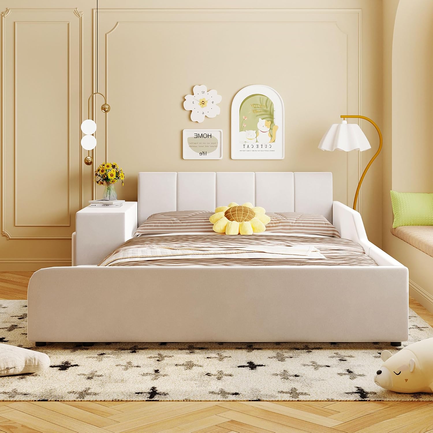 Upholstered Grounded Bed, Full Size Mother & Child Bed with Bedside Desk and Little Round Stool, Velvet Fabric, No Box Spring Needed (Beige, Full)