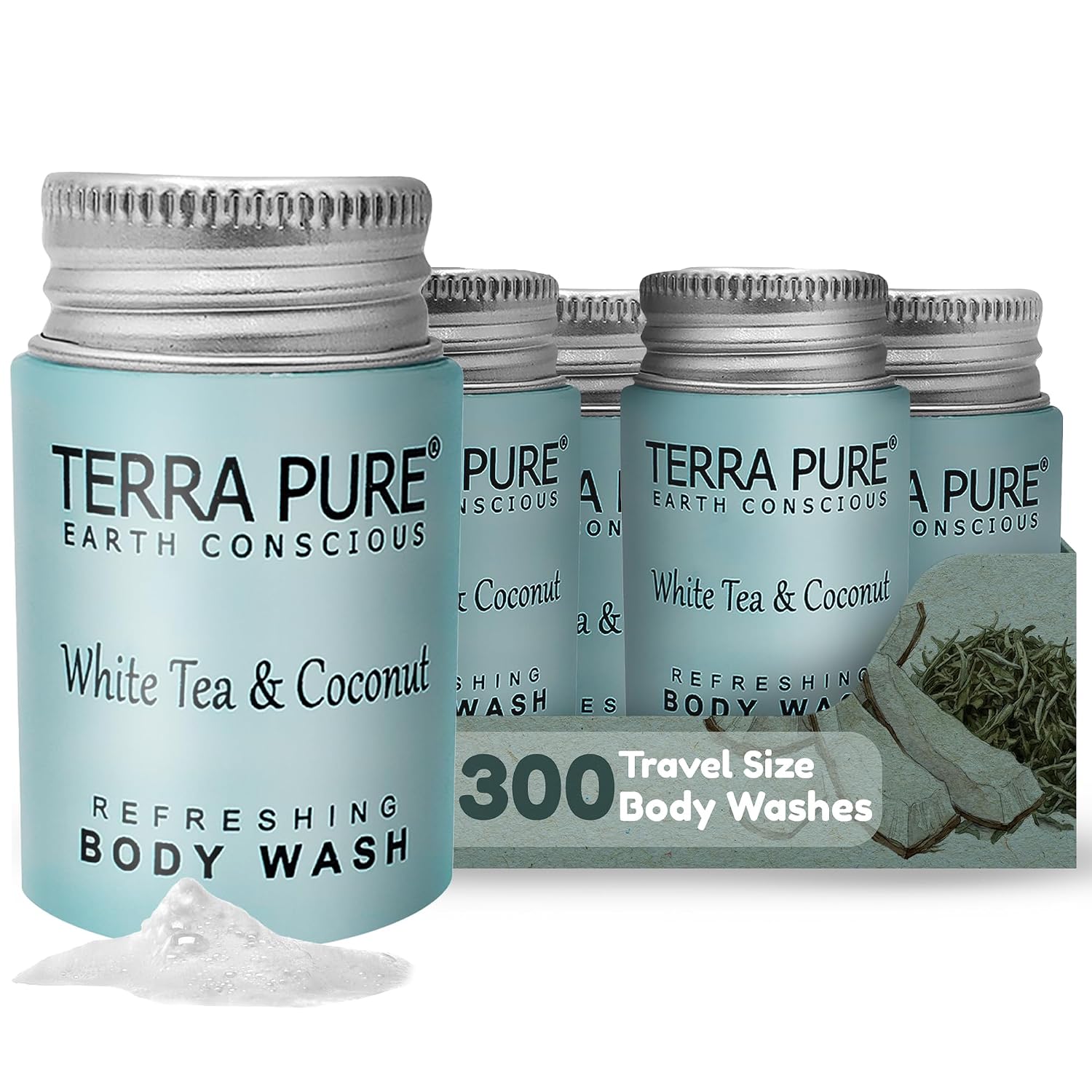 Travel Size Hotel Body Wash 300 Count 1 oz Bottles Guest Amenities for Hotels Vacation Rentals & Short Term Rentals Paraben Free White Tea & Coconut Scent Infused with Aloe and Olive Oil by Terra Pure