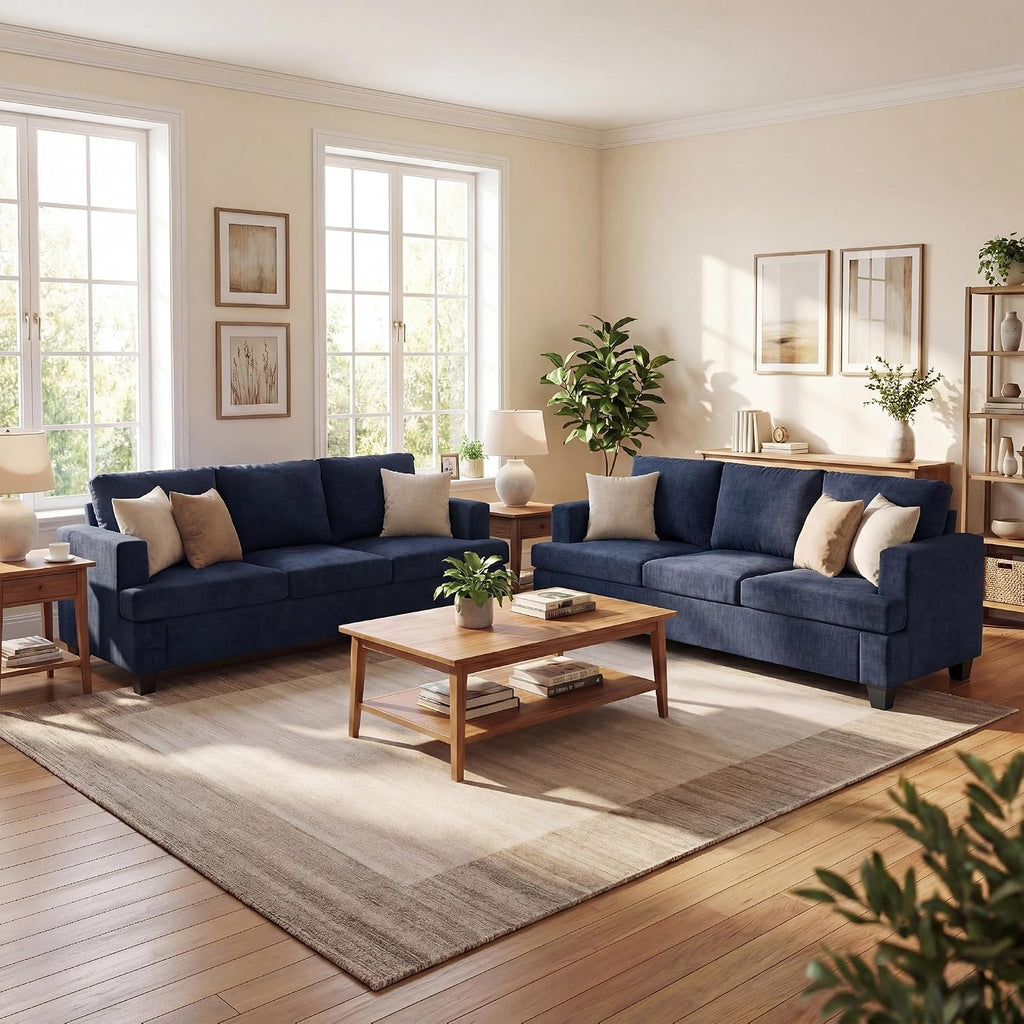 Fiona's magic 6 Seats Couch Set, 2 Piece Set Comfy Sofa, 3 Seater Sofa*2 with Deep Seats for Living Room, Modern Sleeper Couch, Navy Chenille