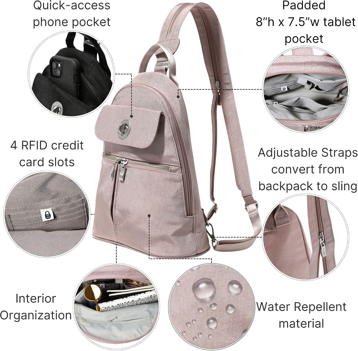 Baggallini Naples Convertible Backpack - Travel Sling Crossbody - 12' Nylon Handbag w/ RFID & Padded Tablet Sleeve