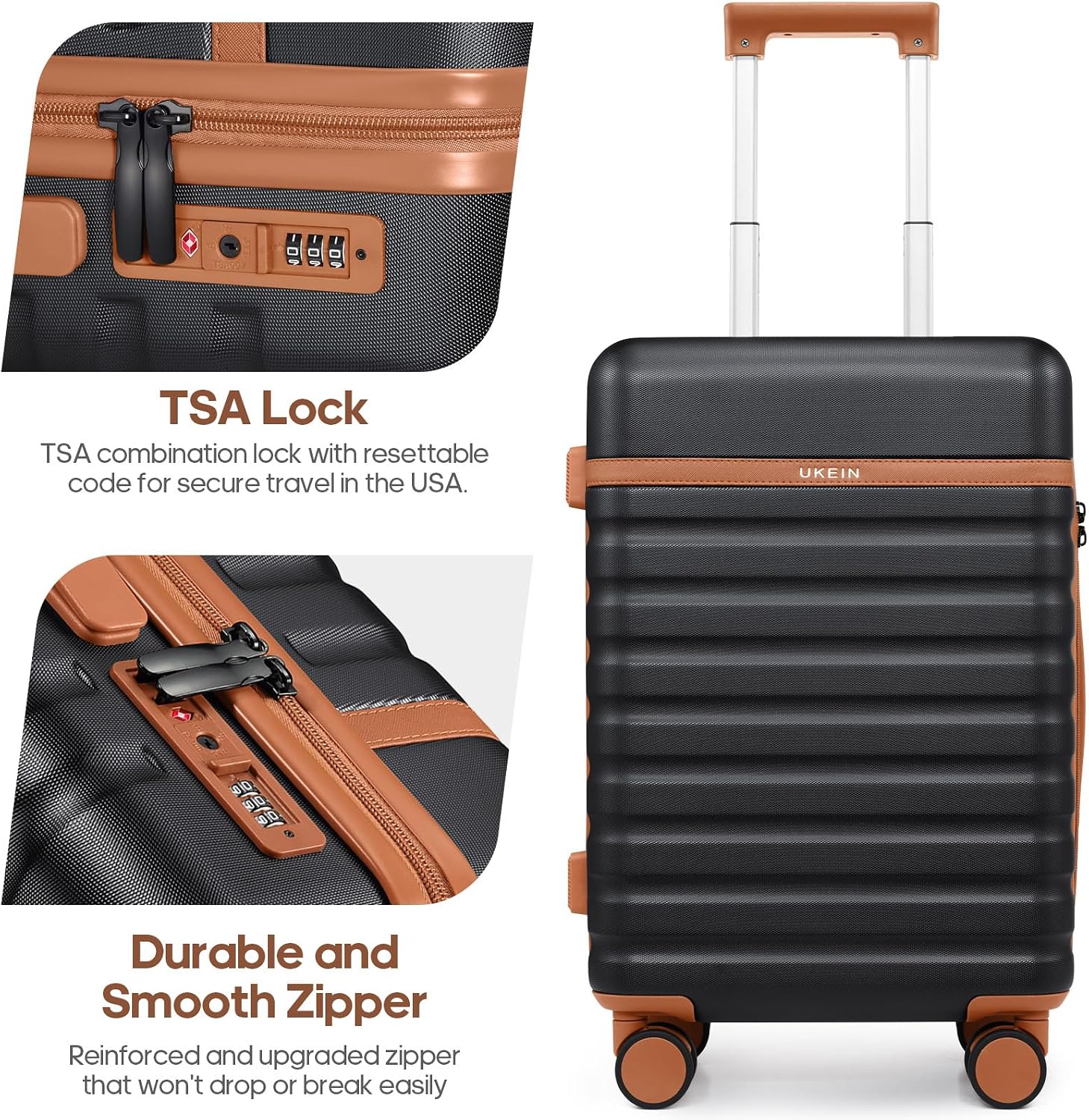 UKEIN Luggage Sets 5 Piece, Carry On Luggage 20In With Spinner Wheels, Hardside Suitcase Set with TSA Lock,Durable Large Suitcase With Travel Backpack for Men-20/24/28in (Black, 5 piece set)