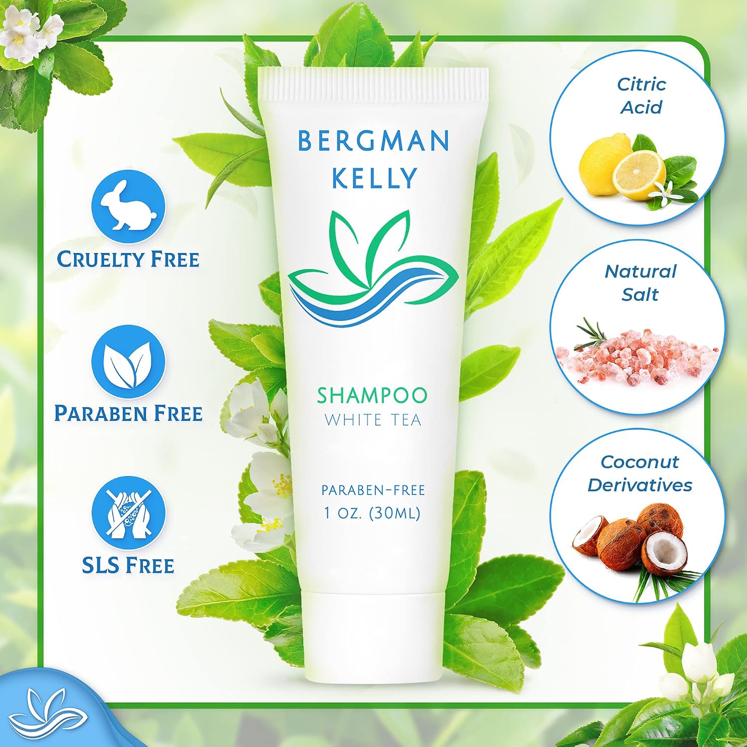 Bergman Kelly - Travel Shampoo and Conditioner Set - 1 fl oz, 18000 Pieces, White Tea - Delight Your Guests with Revitalizing and Refreshing Hotel Toiletries and Guest Hospitality in Bulk