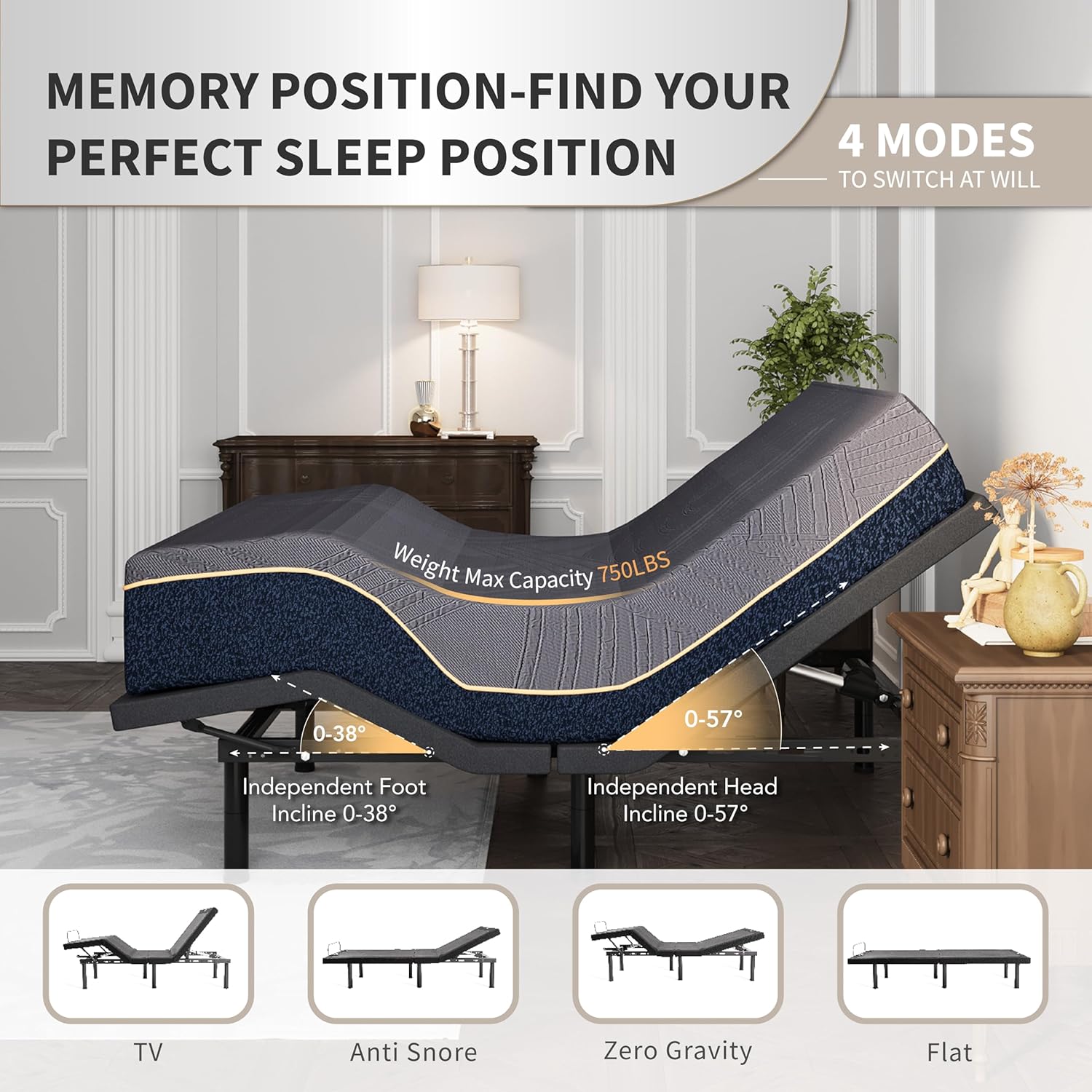 Dyonery Adjustable Bed Base Frame (Frame Only), Head & Foot Incline, 750lbs Lift Capacity, Powerful Quiet Motor, Wireless Remote, 5 Minutes Tools-Free Assembly, Anti-Snore, Twin XL Size