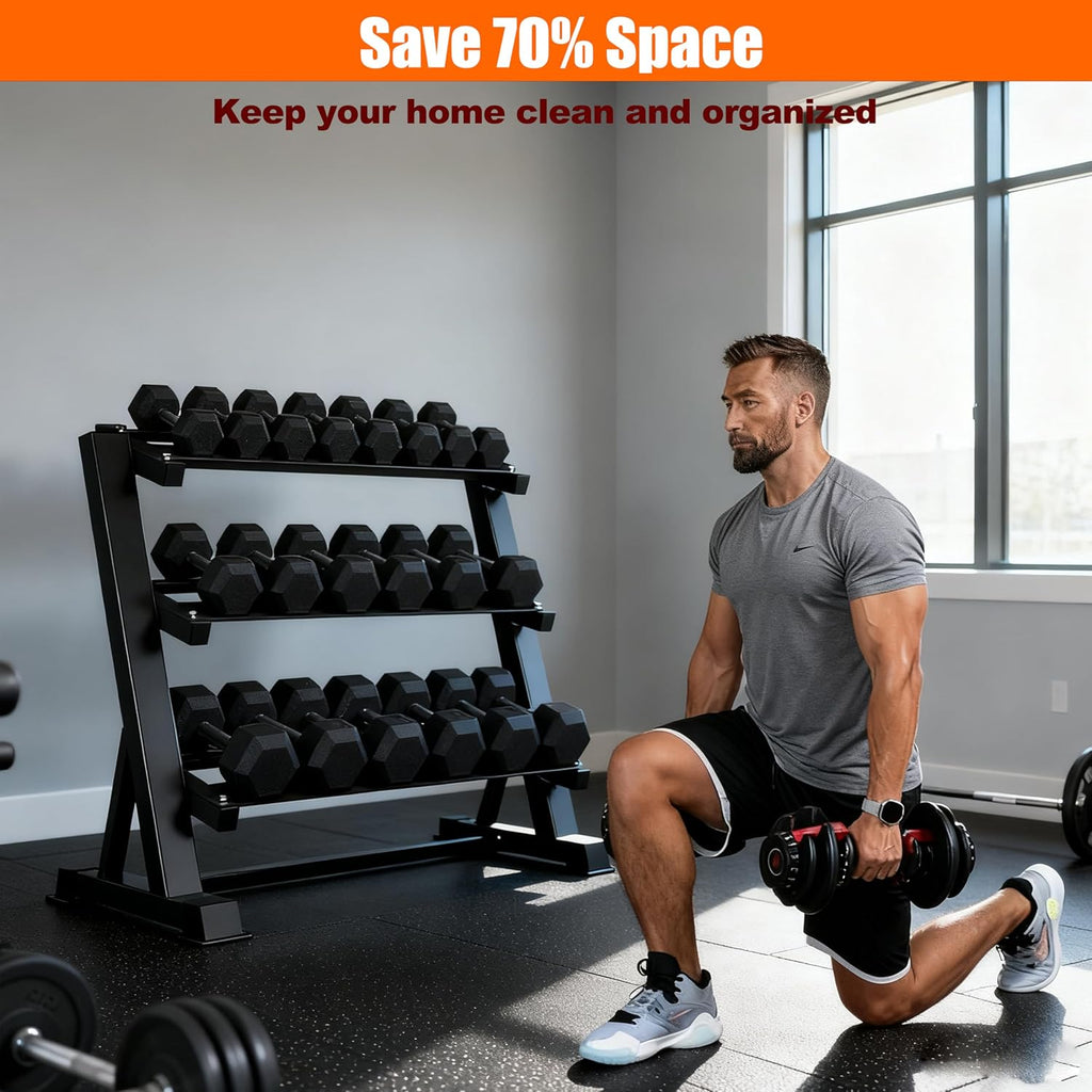 Heavy Duty 3 Tier Dumbbell Rack Stand, 1200LBS Commercial Weight Storage Organizer for Home Gym (Select Frame Type: Kettlebell Flat Tray, All Rails, or Rolling Wheels), Stand Only