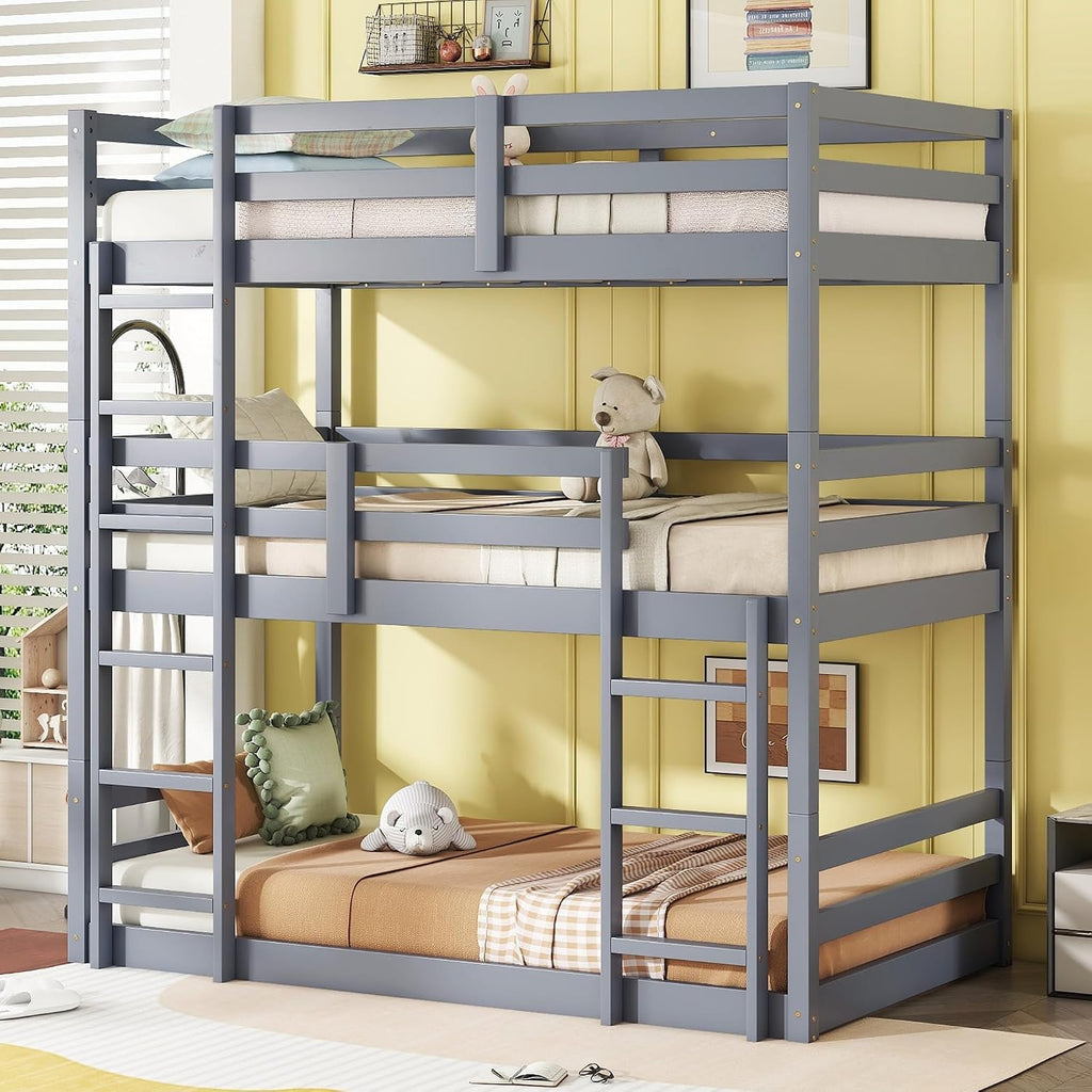 Triple Bunk Bed, Detachable Triple Twin Bunk Bed, 3 Rubber Wood Bunk Bed with Two Built-in Ladders, Guardrails, Twin Over Twin Over Twin for Kids, Grey