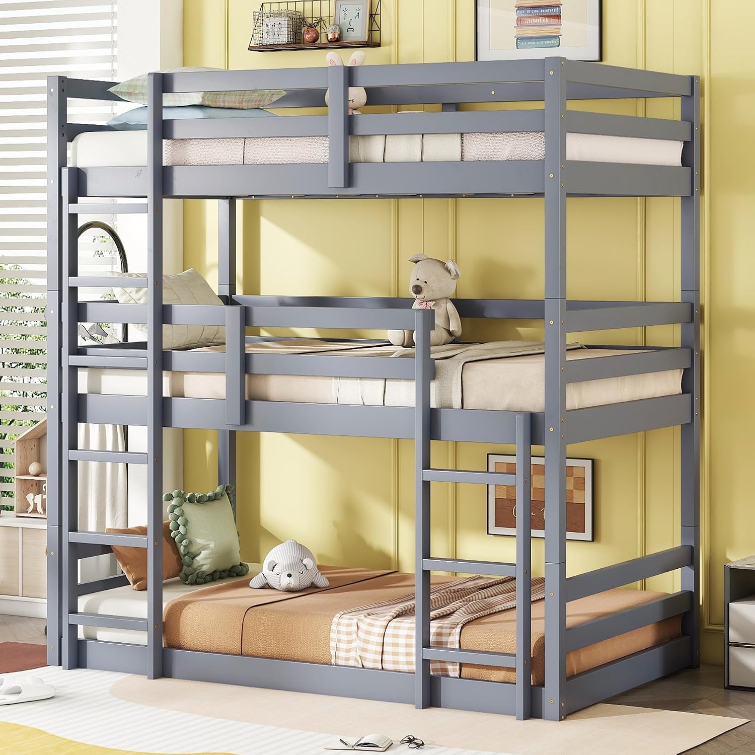 Triple Bunk Bed, Detachable Triple Twin Bunk Bed, 3 Rubber Wood Bunk Bed with Two Built-in Ladders, Guardrails, Twin Over Twin Over Twin for Kids, Grey