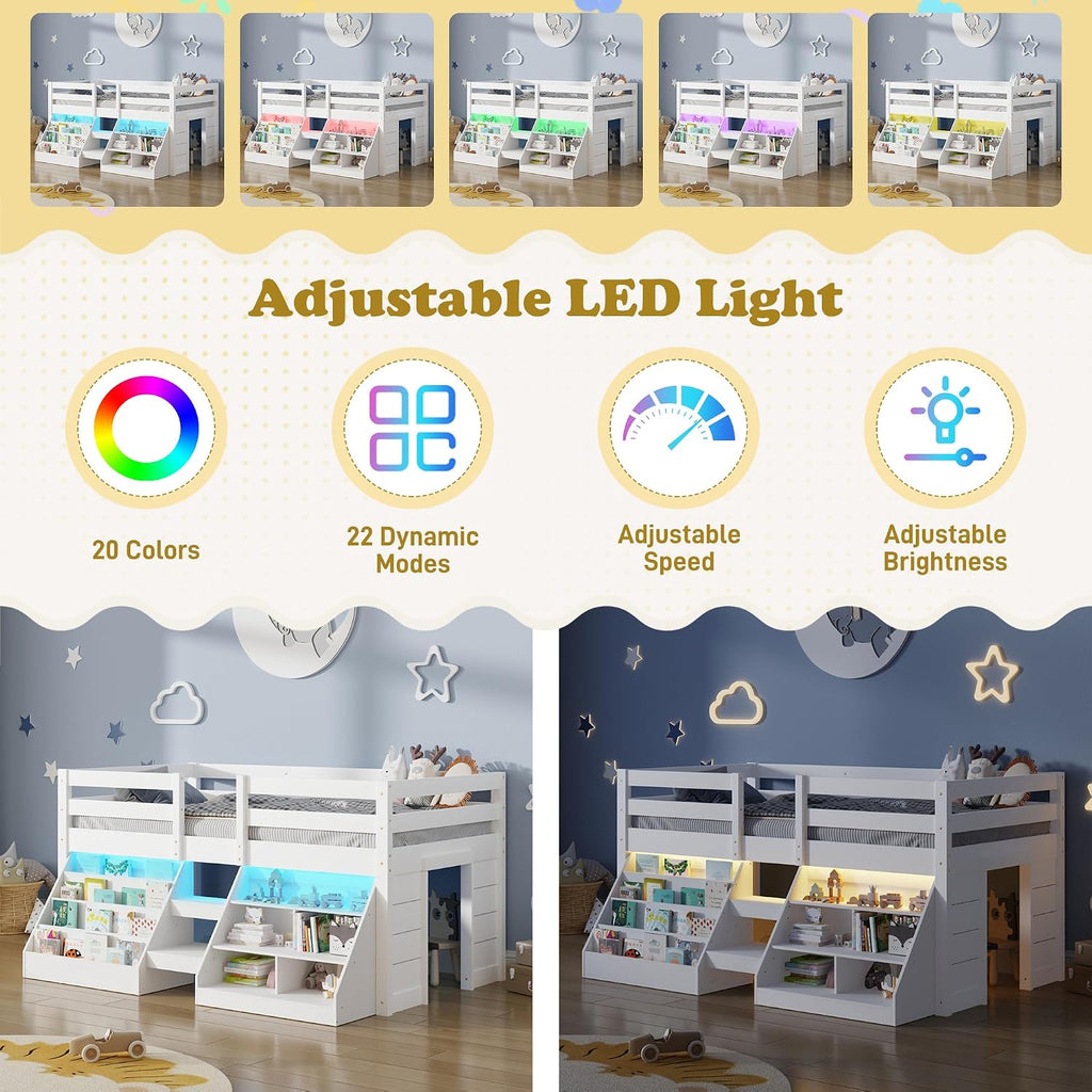 St.Mandyu Twin Size Low Loft Bed with LED Lights, Twin Loft Bed with Stairs, Bookcase, Safety Guardrail and Under-Bed Play Space, White