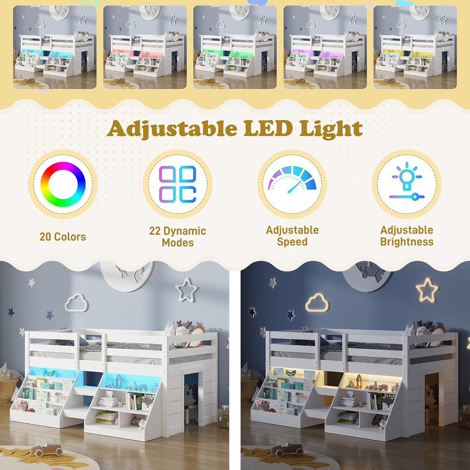 St.Mandyu Twin Size Low Loft Bed with LED Lights, Twin Loft Bed with Stairs, Bookcase, Safety Guardrail and Under-Bed Play Space, White