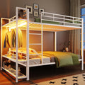 Metal Bunk Bed with Storage Mesh Shelves and Clothes Hooks, Open Storage Shelves, Full Size Bunk Bed with Full-length Reinforced Guardrails for Teens and Adults, No Box Spring Needed (White//96)
