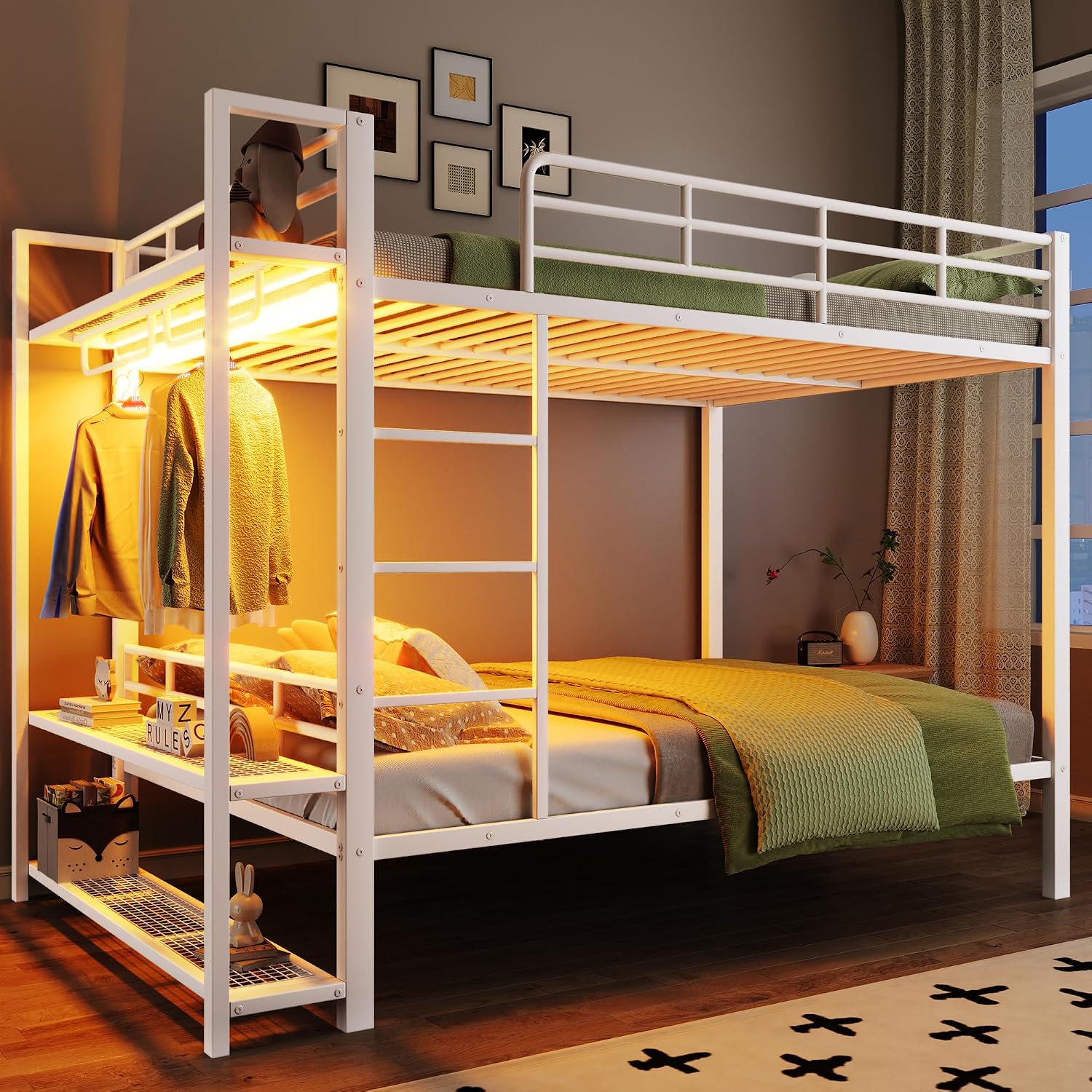 Metal Bunk Bed with Storage Mesh Shelves and Clothes Hooks, Open Storage Shelves, Full Size Bunk Bed with Full-length Reinforced Guardrails for Teens and Adults, No Box Spring Needed (White//96)