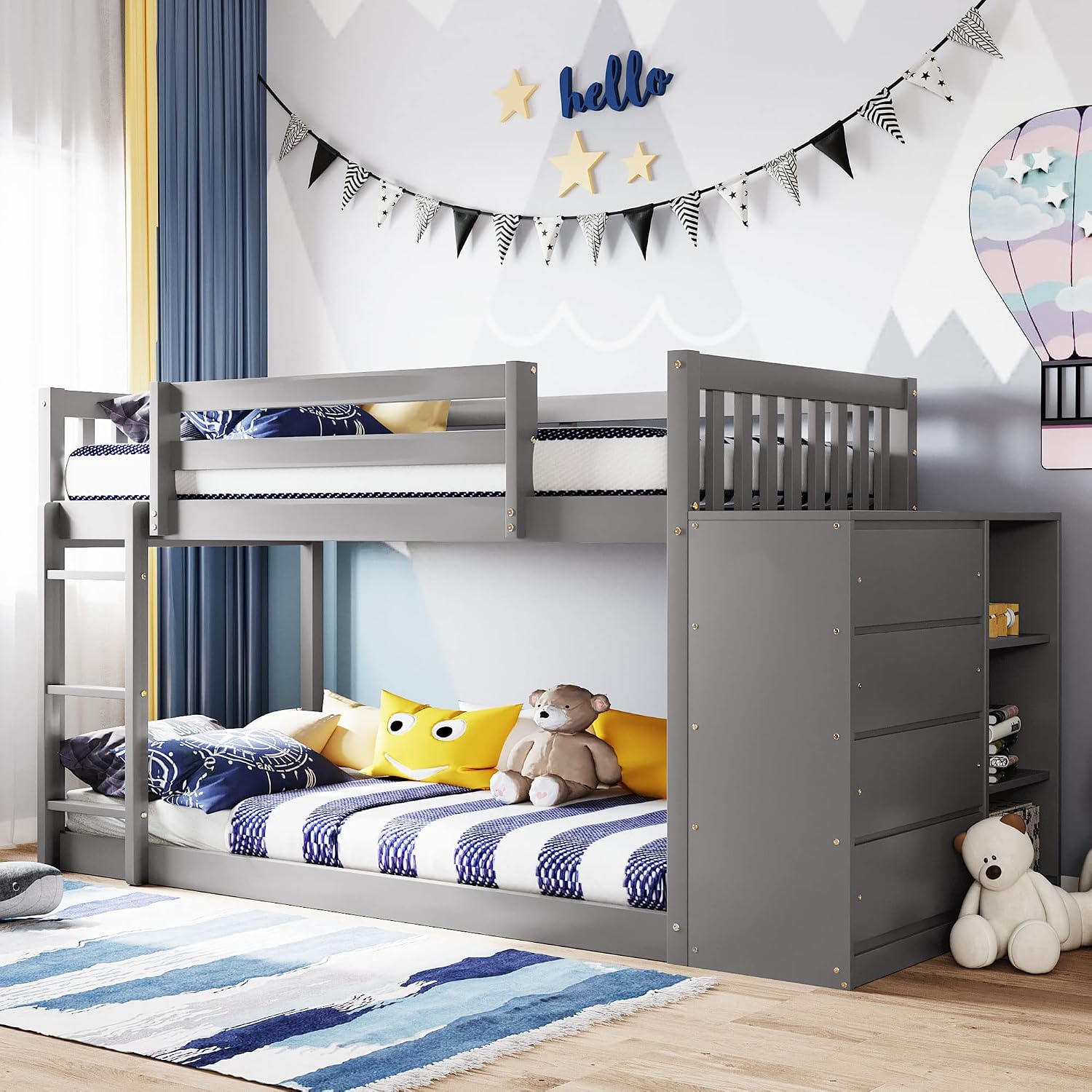Twin-Over-Twin Size Bunk Bed, Bedroom Furniture Pine Wood Bed Frame with Storage Drawers and Open Shelves, Drawers and Shelves Set Can Be Moved, for Kids & Teens (Gray)