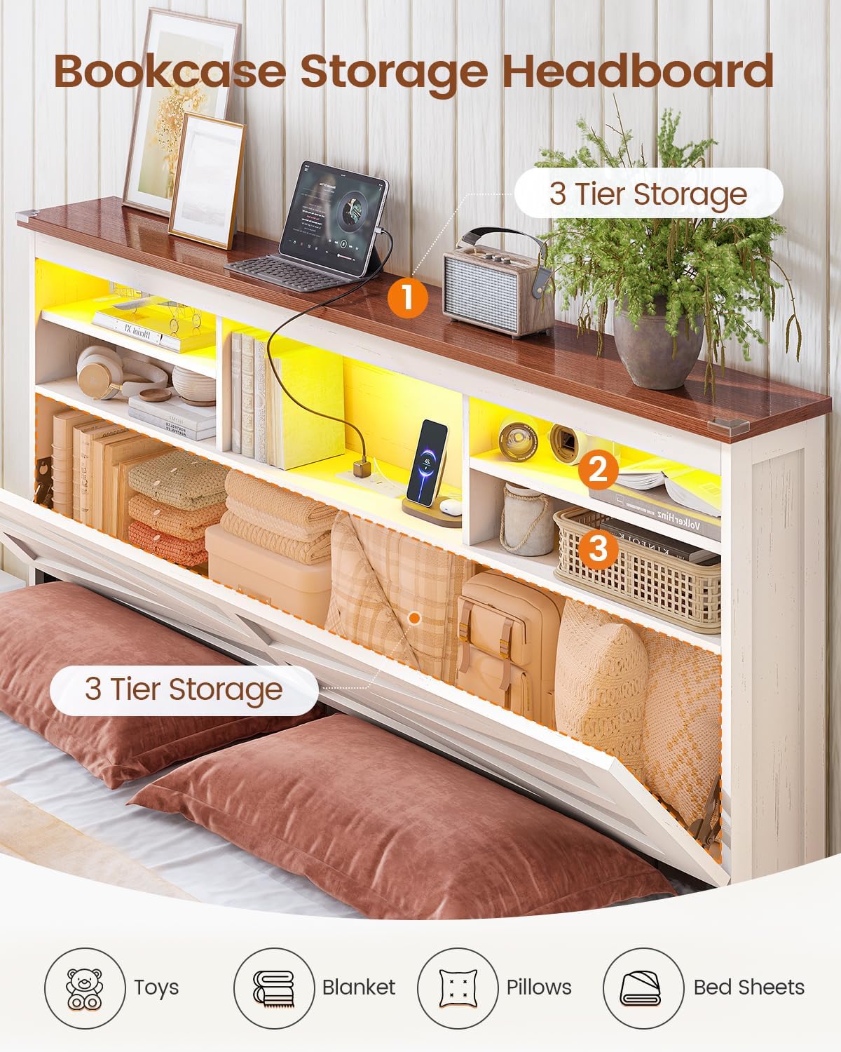 AOGLLATI Farmhouse Full Size Bed Frame with Lift Up Storage & Hidden Bookcase Storage Headboard, Wood Bed Frame Full with Charging Station, Led Lights, No Box Spring Needed, Antique White