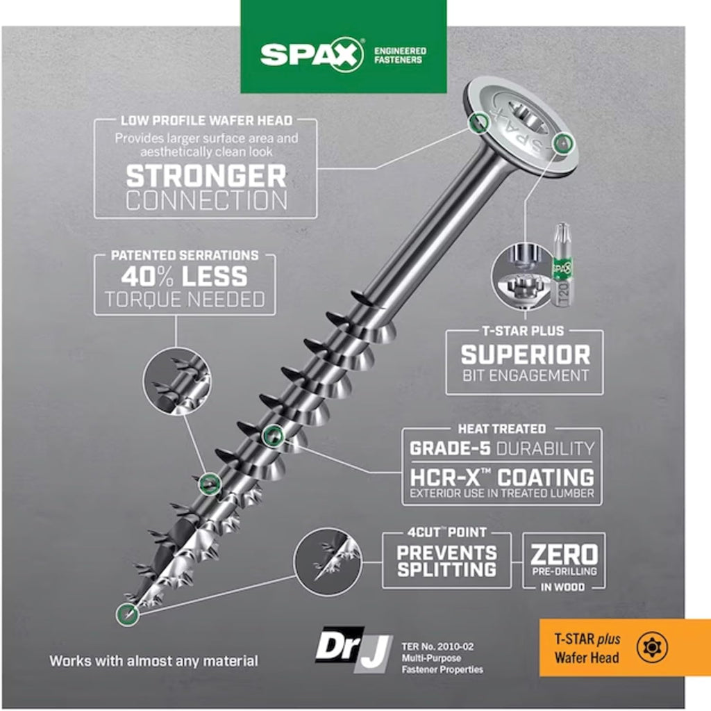 SPAX #8 x 1-1/4' Exterior Wafer Head Wood Screws Construction Torx T-Star Plus (2500 EA) Bulk Pail Includes 4 Bits Rust Resistant
