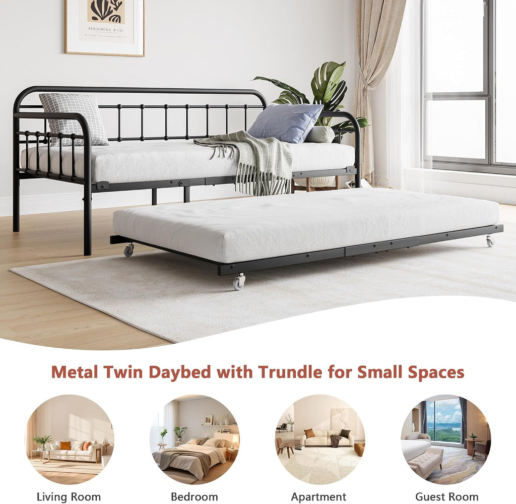 mikibama Twin Daybed with Trundle,Victorian Metal Daybeds with Pull Out Trundle,Vintage Guest Day Bed Frame Twin Size for Living Room,Bedroom,Apartment (Black with Trundle)