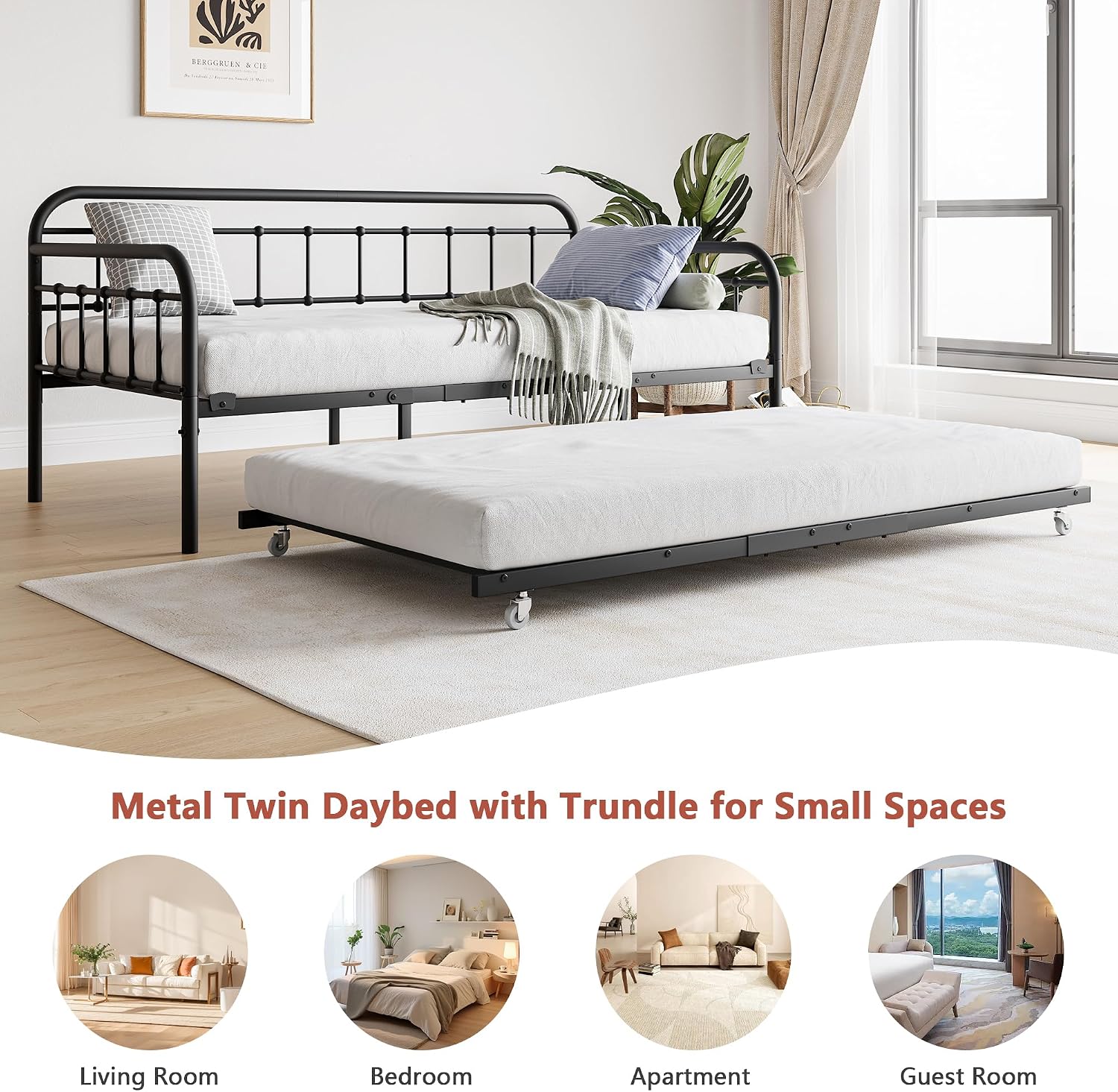 mikibama Twin Daybed with Trundle,Victorian Metal Daybeds with Pull Out Trundle,Vintage Guest Day Bed Frame Twin Size for Living Room,Bedroom,Apartment (Black with Trundle)