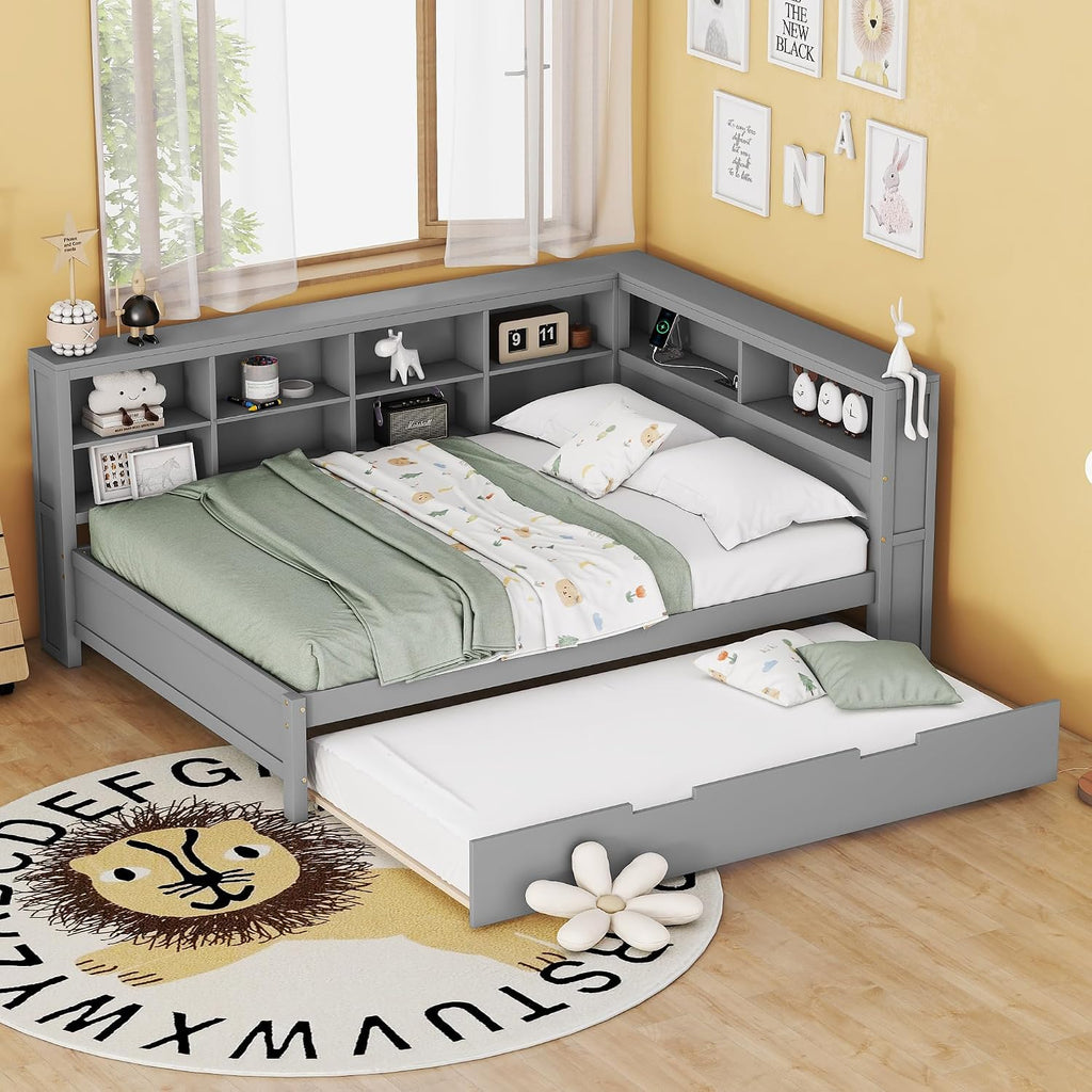 Modern Full Size Daybed with Trundle, Solid Wood Captain Platform Bed with Storage Cabinets and USB Ports, Low Floor Bed for Kids Teens Adult Bedroom, Easy Assembly (Gray-FF025)