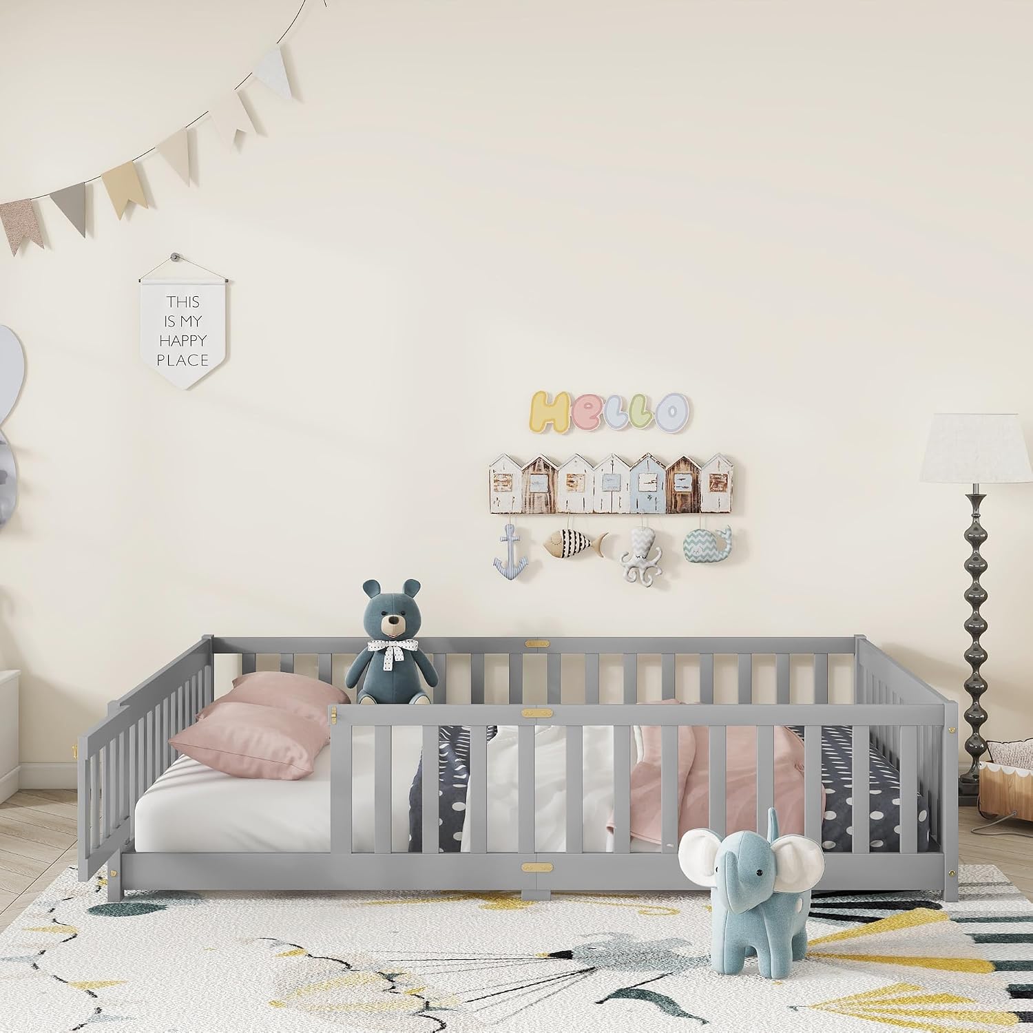 Full Size Floor Bed for Kids, Wooden Montessori Bed Frame with Door, Montessori Floor Bed with Rails for Boys and Girls, No Box Spring Needed, Grey
