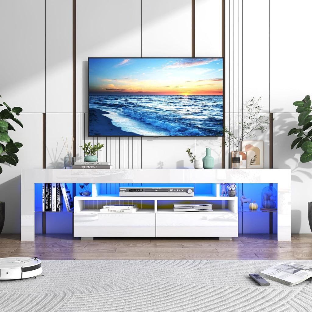 Vinctik 6&Fox LED TV White Stand for 55/60/65inch TV,Modern Entertainment Center with 2 Storage Drawers and LED Light, High Glossy TV Console,TV Table Media Furniture (63inch, White 1)